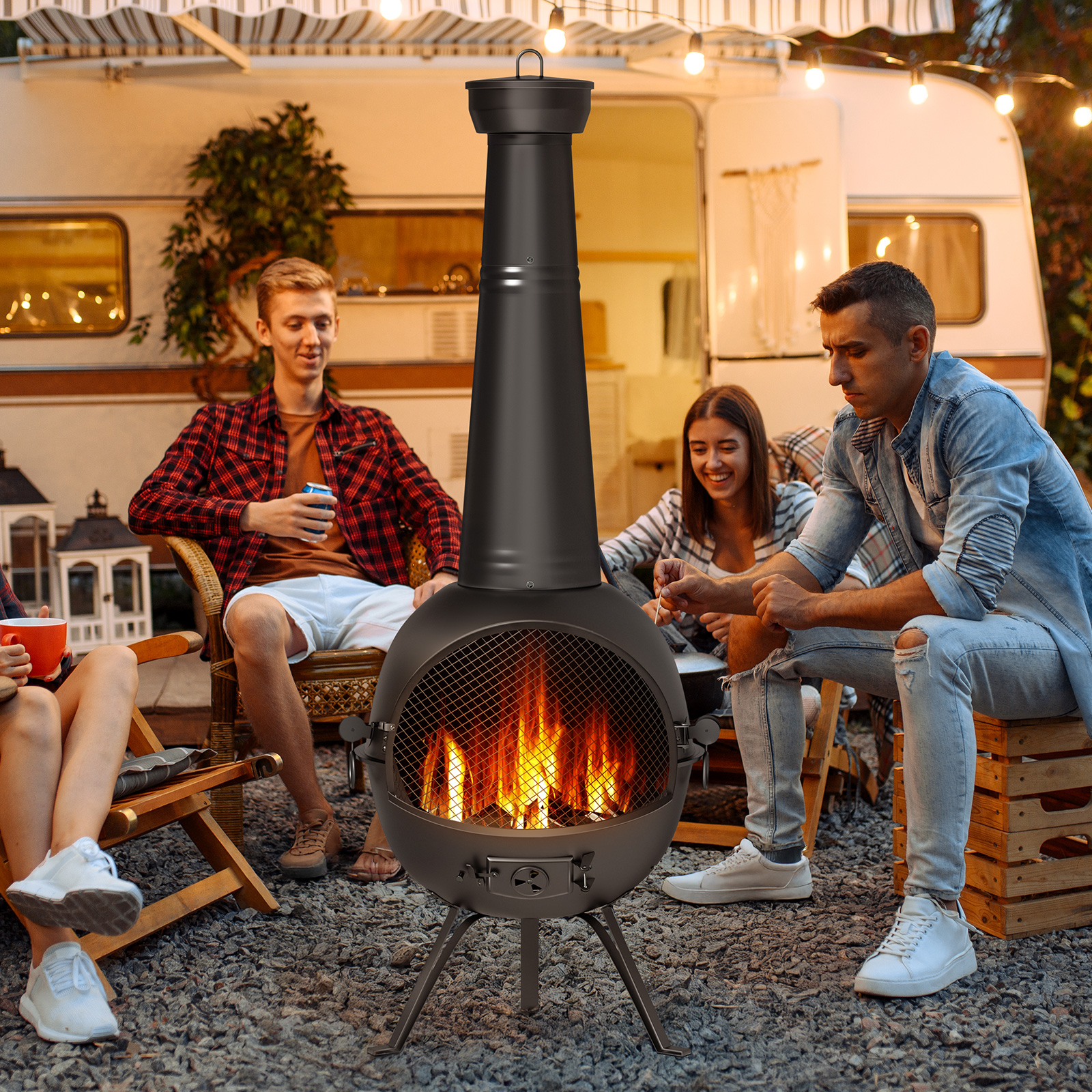 KingChii Chiminea Outdoor Fireplace, Wooden Fire Pit for Patio Backyard with Cover, Black