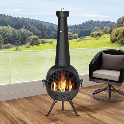 KingChii Chiminea Outdoor Fireplace, Wooden Fire Pit for Patio Backyard with Cover, Black