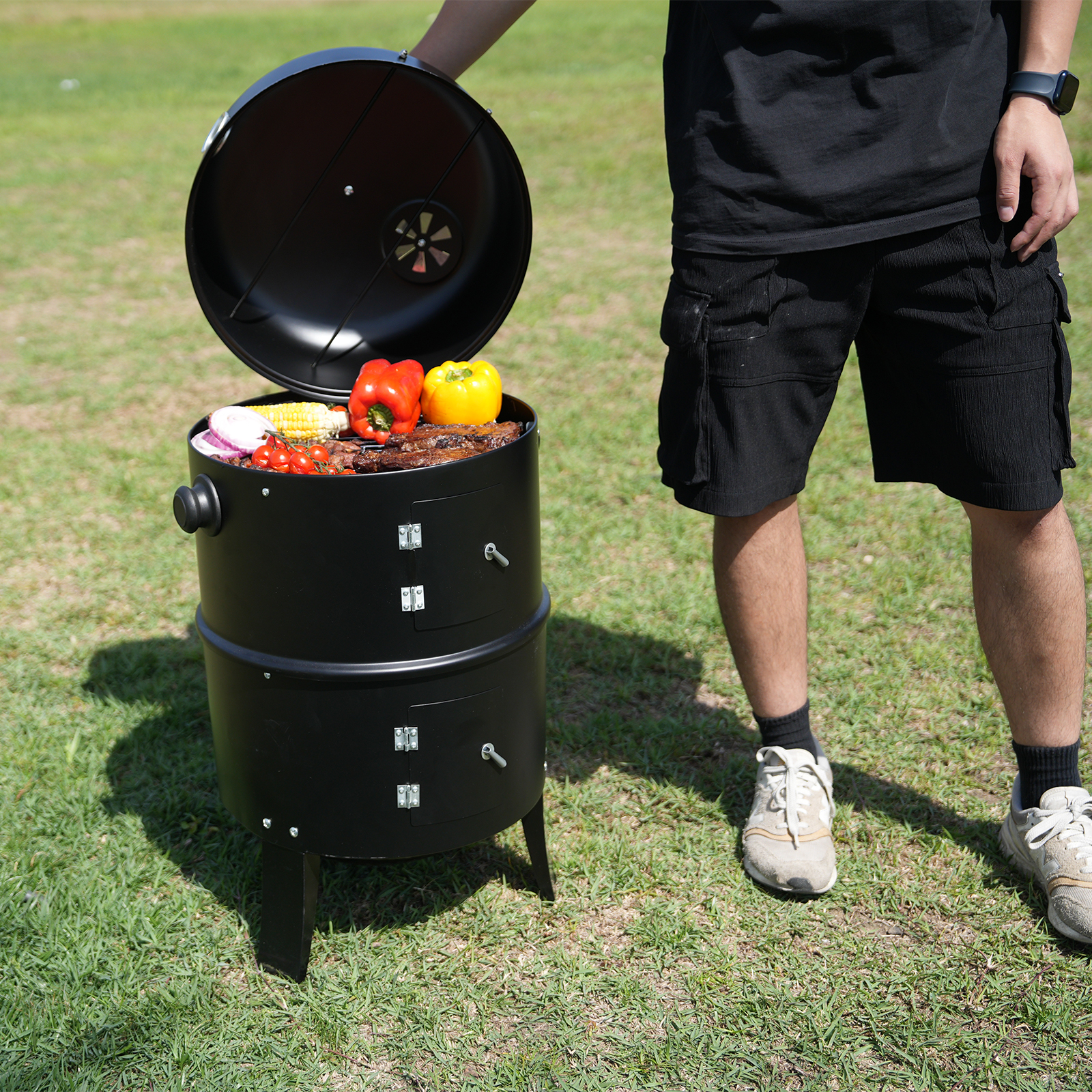 KingChii 3 in 1 Vertical Charcoal Smoker Grill BBQ Smoker for Outdoor, Patio Backyard Camping, Black