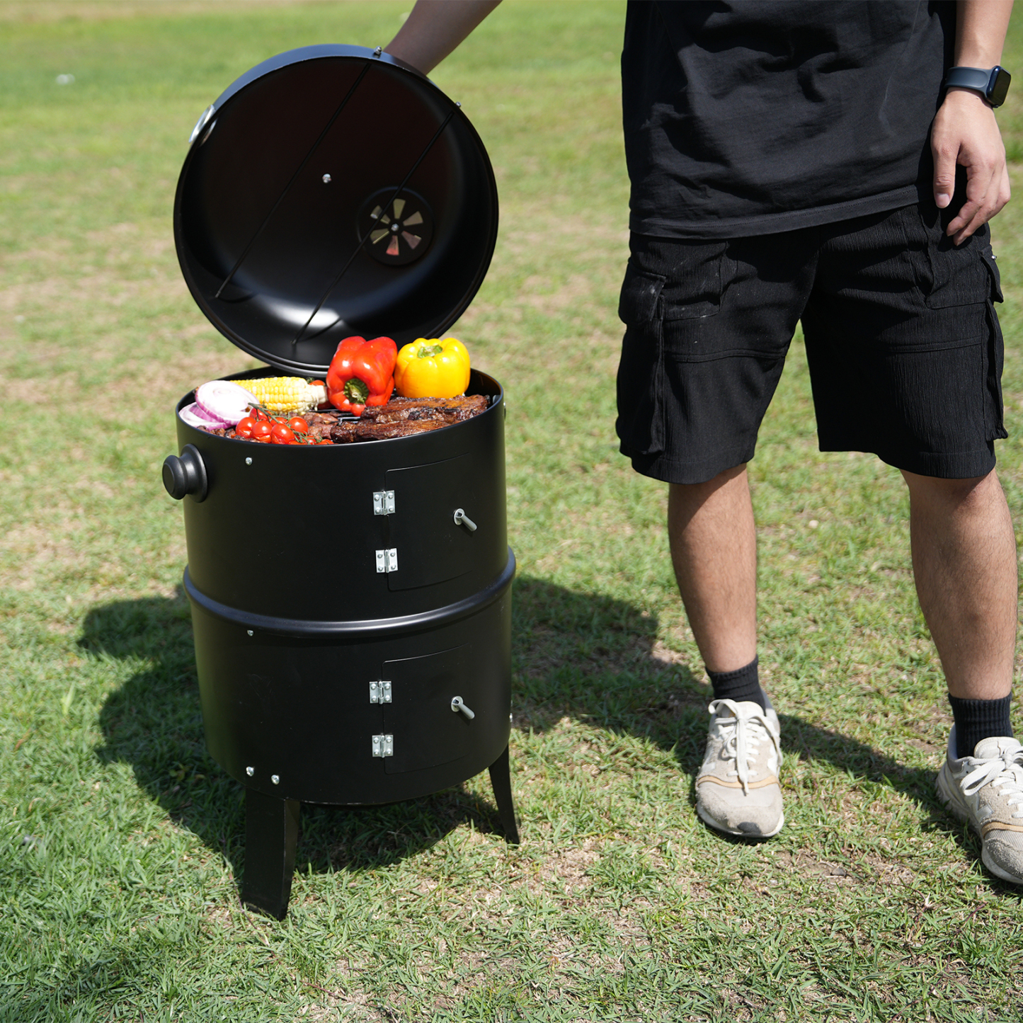 KingChii 3 in 1 Vertical Charcoal Smoker Grill BBQ Smoker for Outdoor, Patio Backyard Camping, Black
