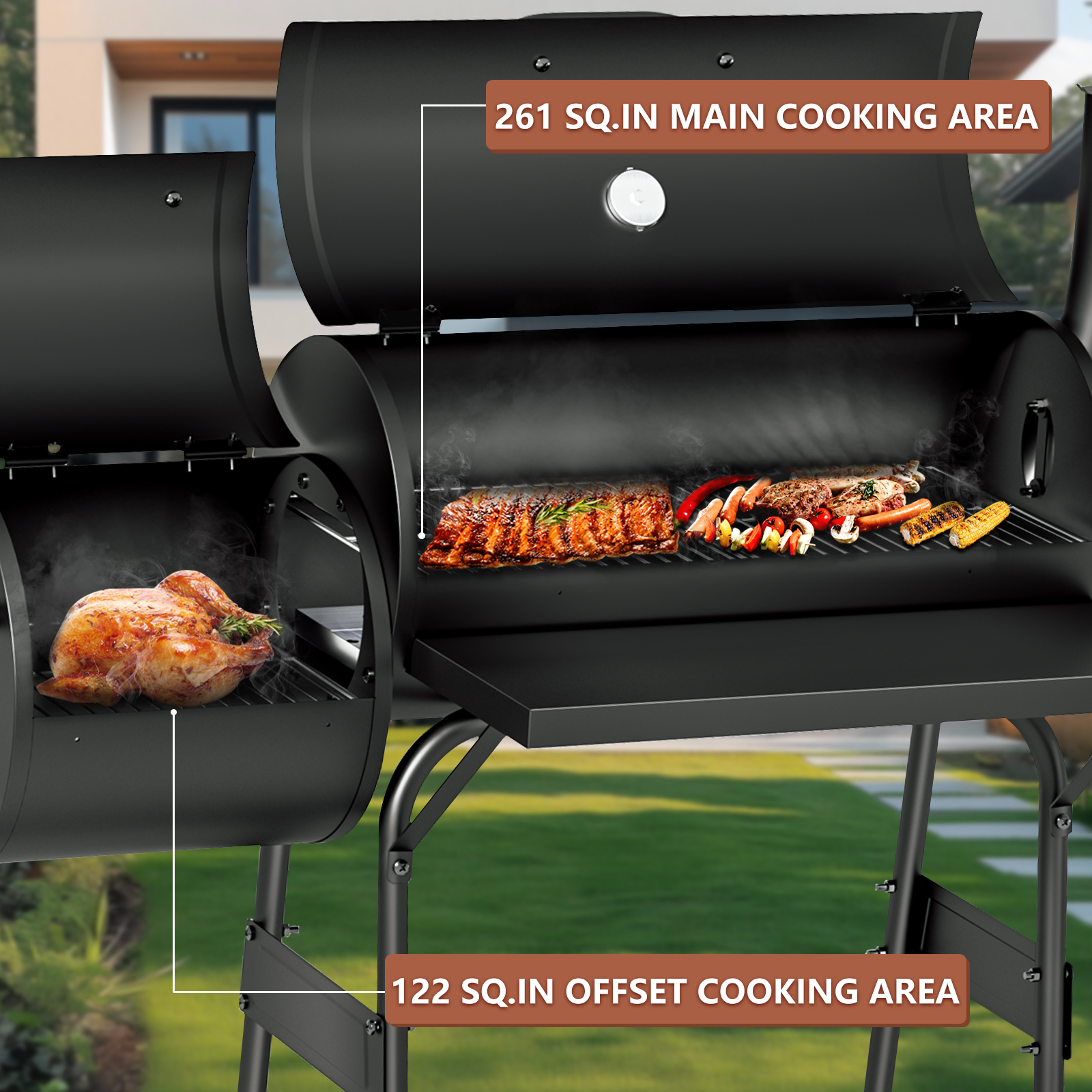 KingChii BBQ Charcoal Smoker and Grills, Offset Smoker for Outdoor, Garden, Patio and Backyard, Black