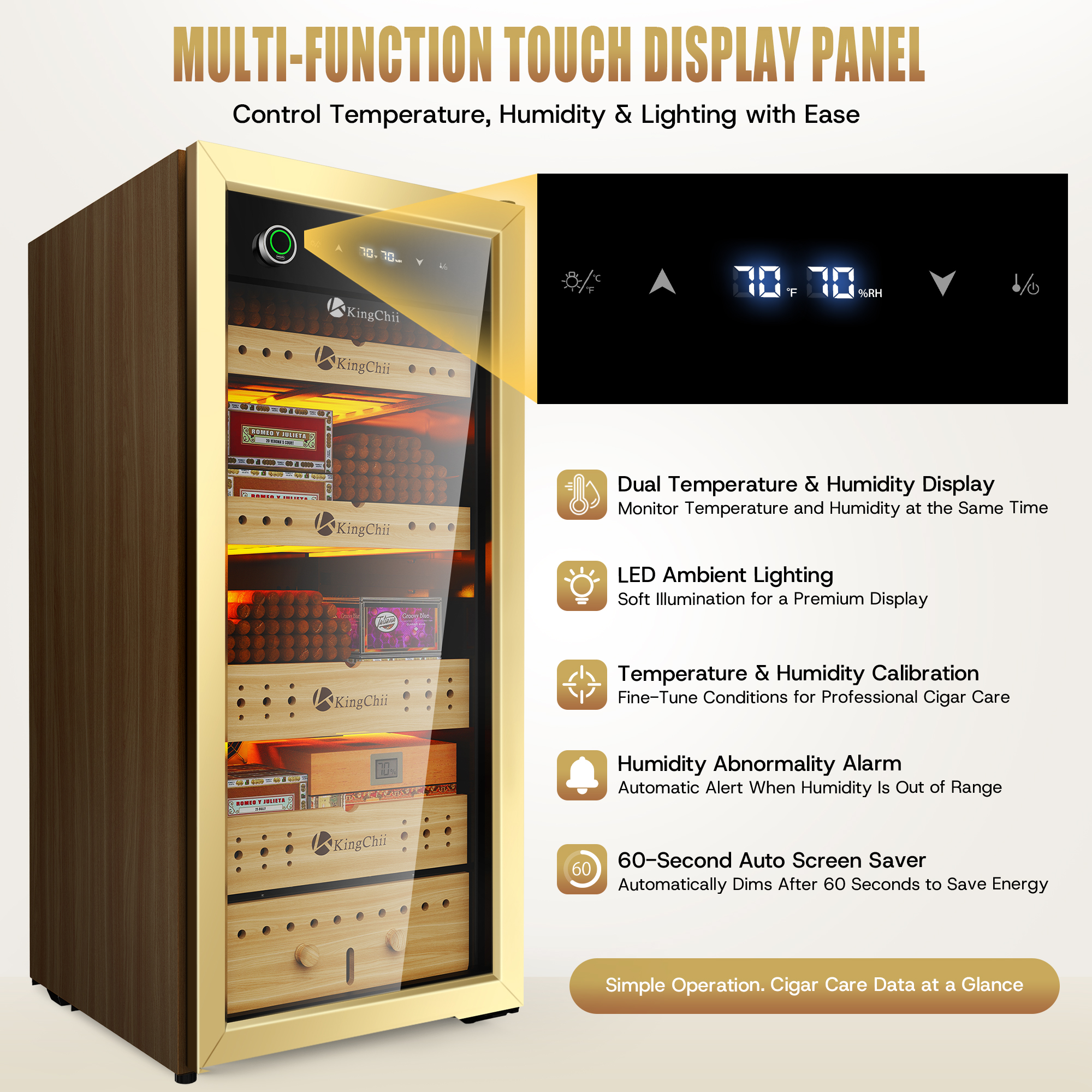 Upgrade 105L Electric Compression Cigar Humidor, Temperature & Humidity Control Cabinet, Built-in Humidification System with Spanish Cedar Wood Shelves & Drawer Hygrometer 900 Capacity-Gold