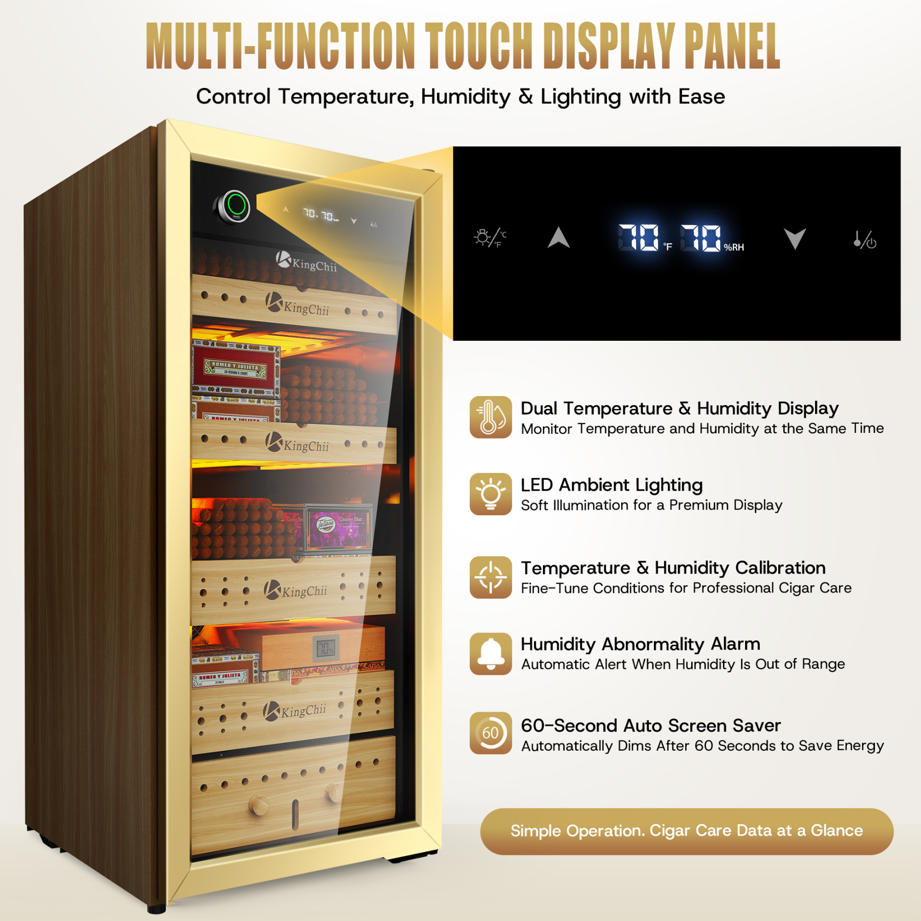 Upgrade 105L Electric Compression Cigar Humidor, Temperature & Humidity Control Cabinet, Built-in Humidification System with Spanish Cedar Wood Shelves & Drawer Hygrometer 900 Capacity-Gold