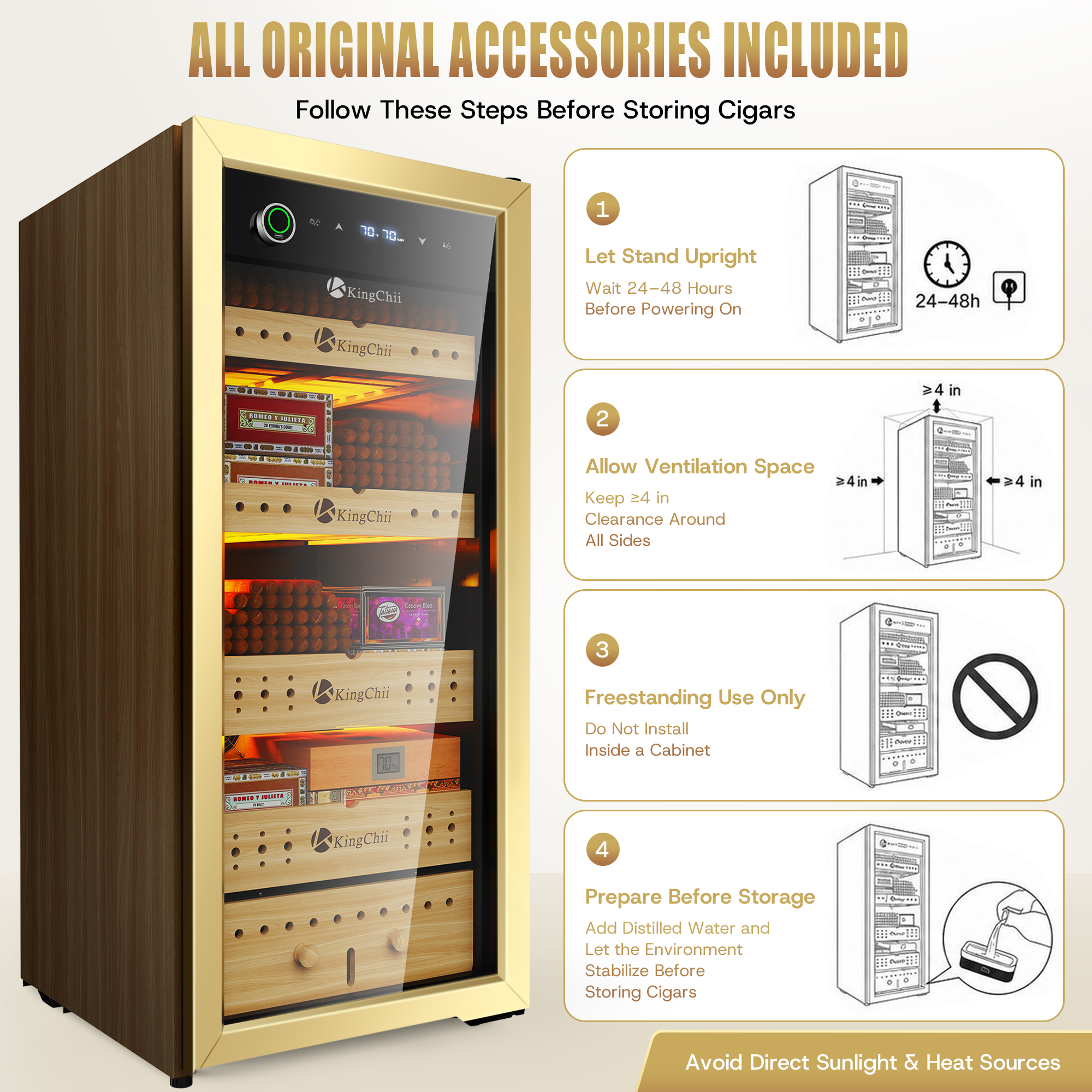 Upgrade 105L Electric Compression Cigar Humidor, Temperature & Humidity Control Cabinet, Built-in Humidification System with Spanish Cedar Wood Shelves & Drawer Hygrometer 900 Capacity-Gold