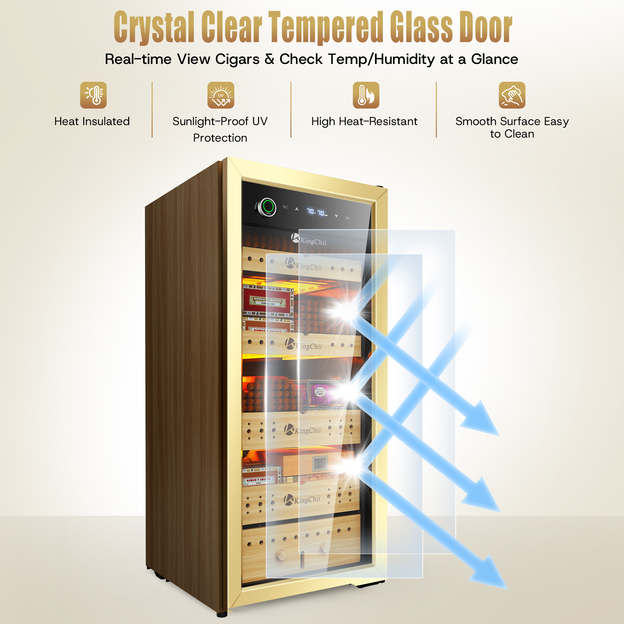 Crystal clear tempered glass door on KingChii 105L cigar humidor