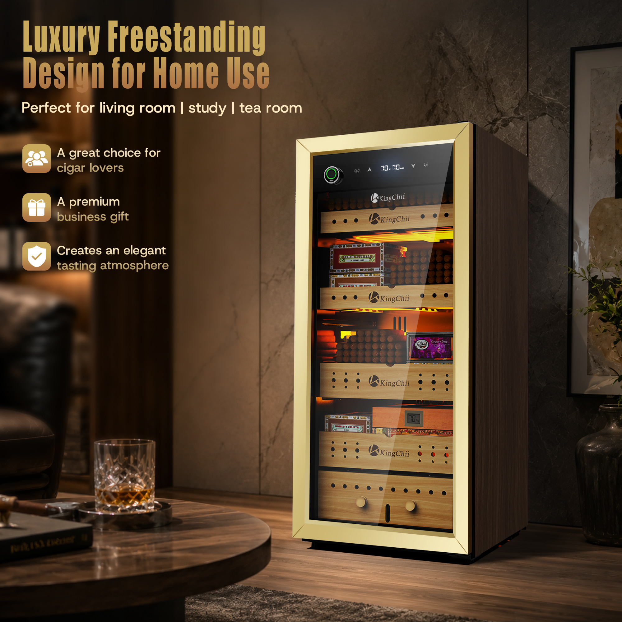 Upgrade 105L Electric Compression Cigar Humidor, Temperature & Humidity Control Cabinet, Built-in Humidification System with Spanish Cedar Wood Shelves & Drawer Hygrometer 900 Capacity-Gold