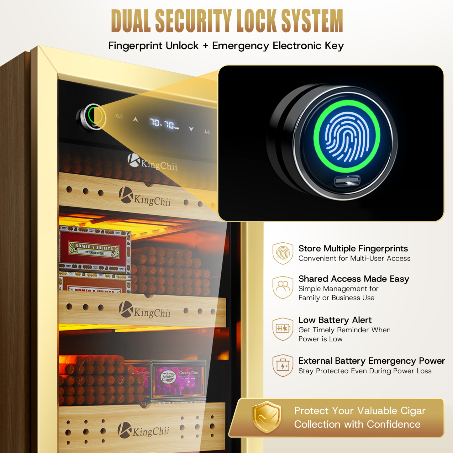 Dual security lock system on KingChii 105L cigar humidor cabinet