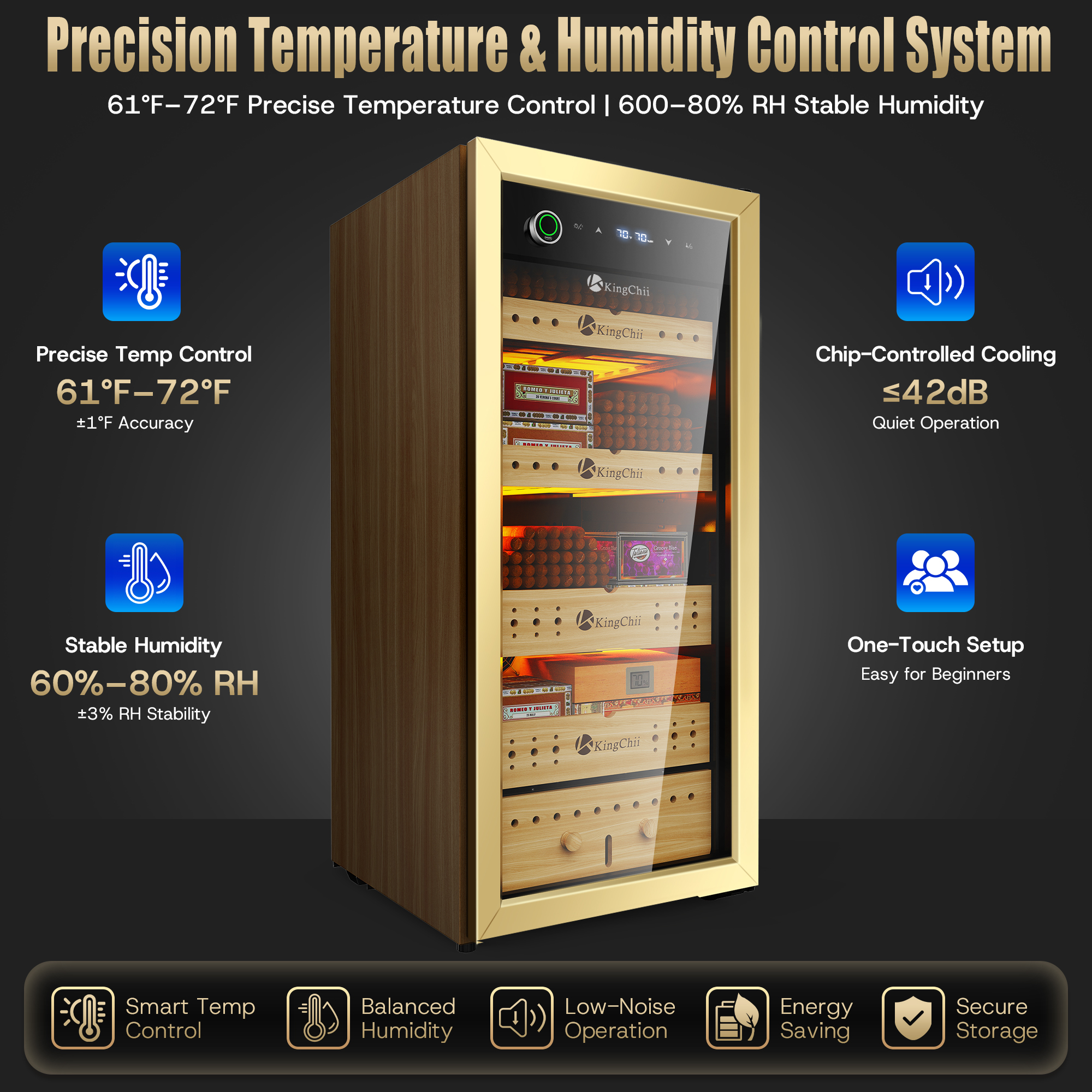 KingChii 160L Electric Cigar Humidor Cabinet with Auto Temperature & Humidity Control - Gold