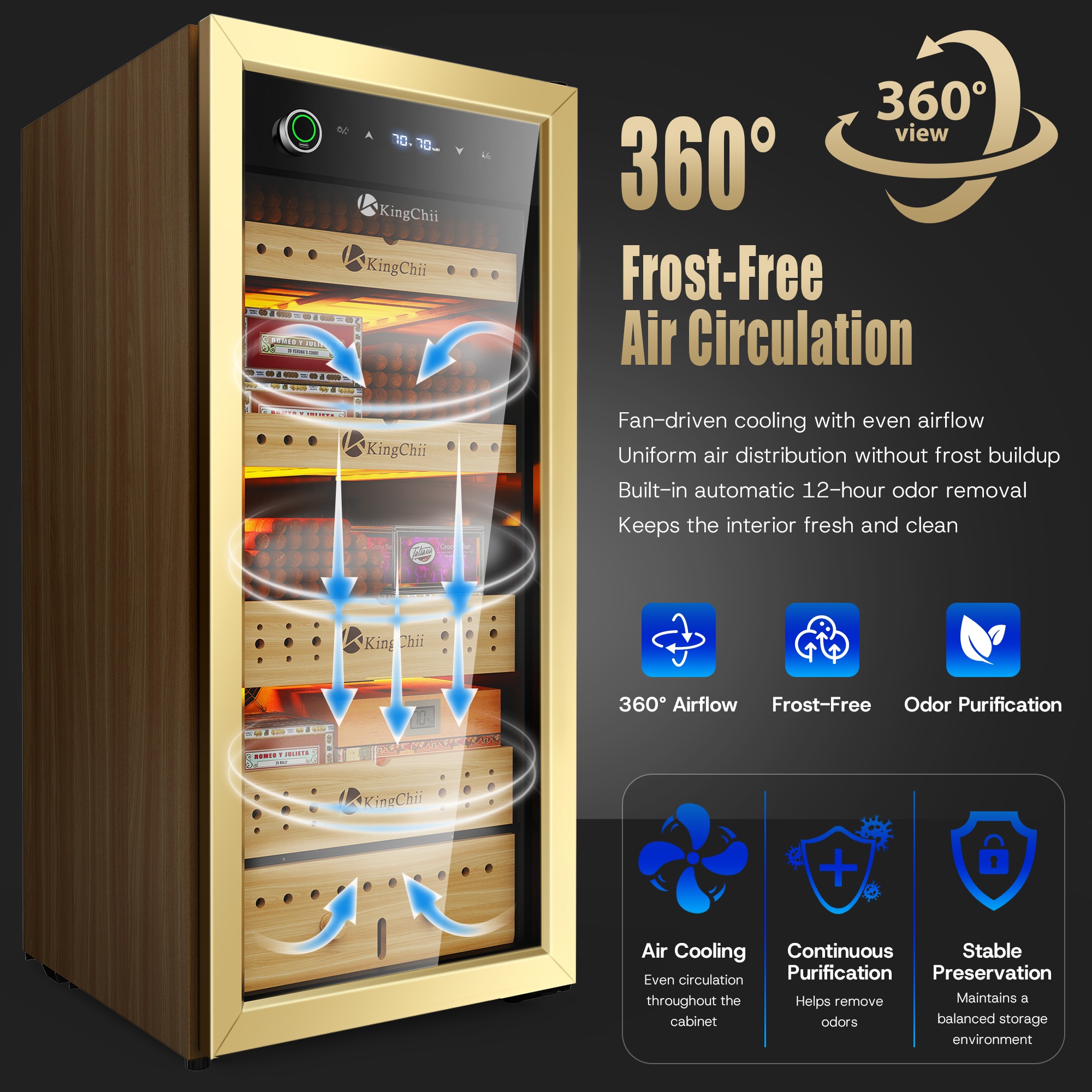 Double-layer UV-resistant glass door on the KingChii 105L electronic humidor.