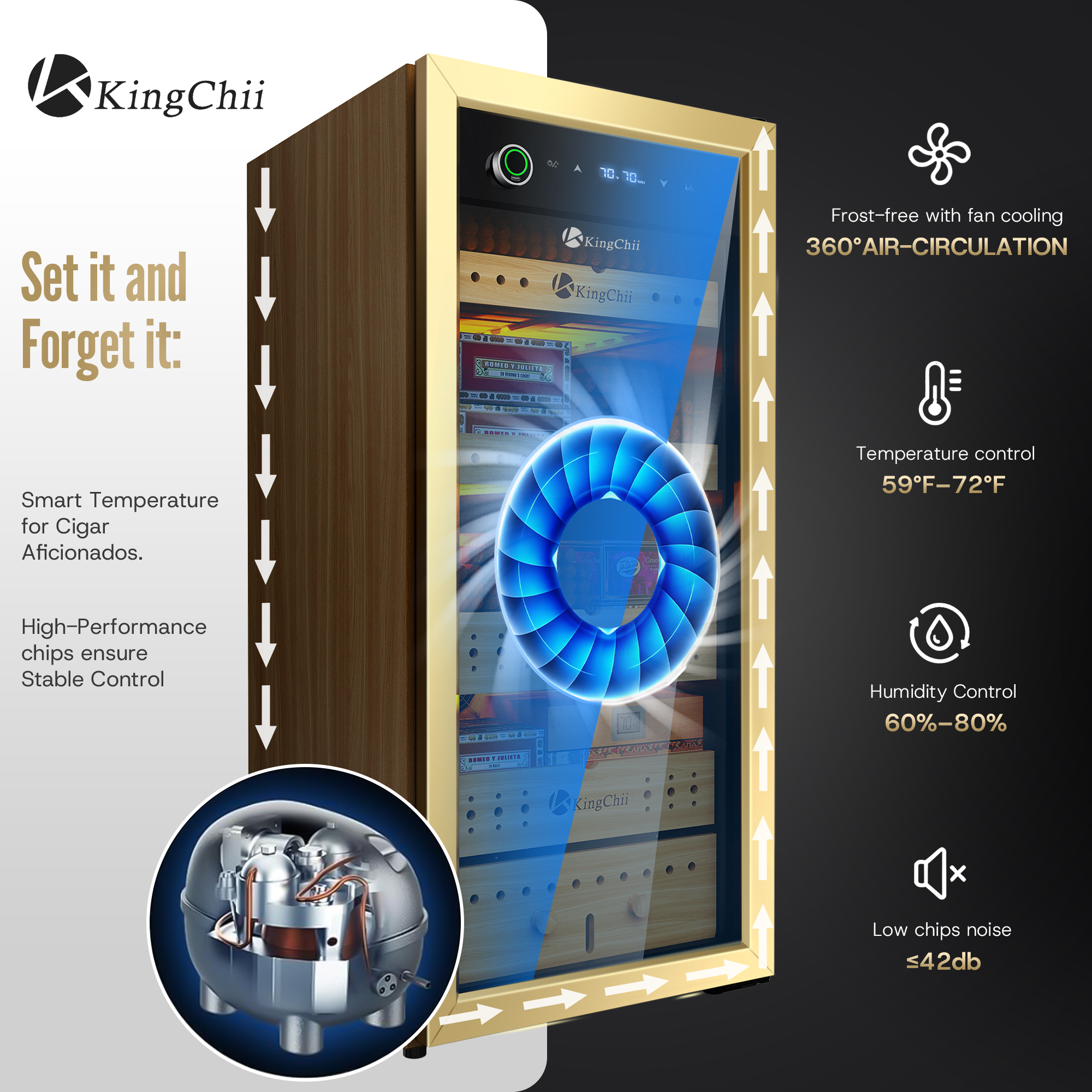 KingChii 160L Electric Cigar Humidor Cabinet with Auto Temperature & Humidity Control - Gold