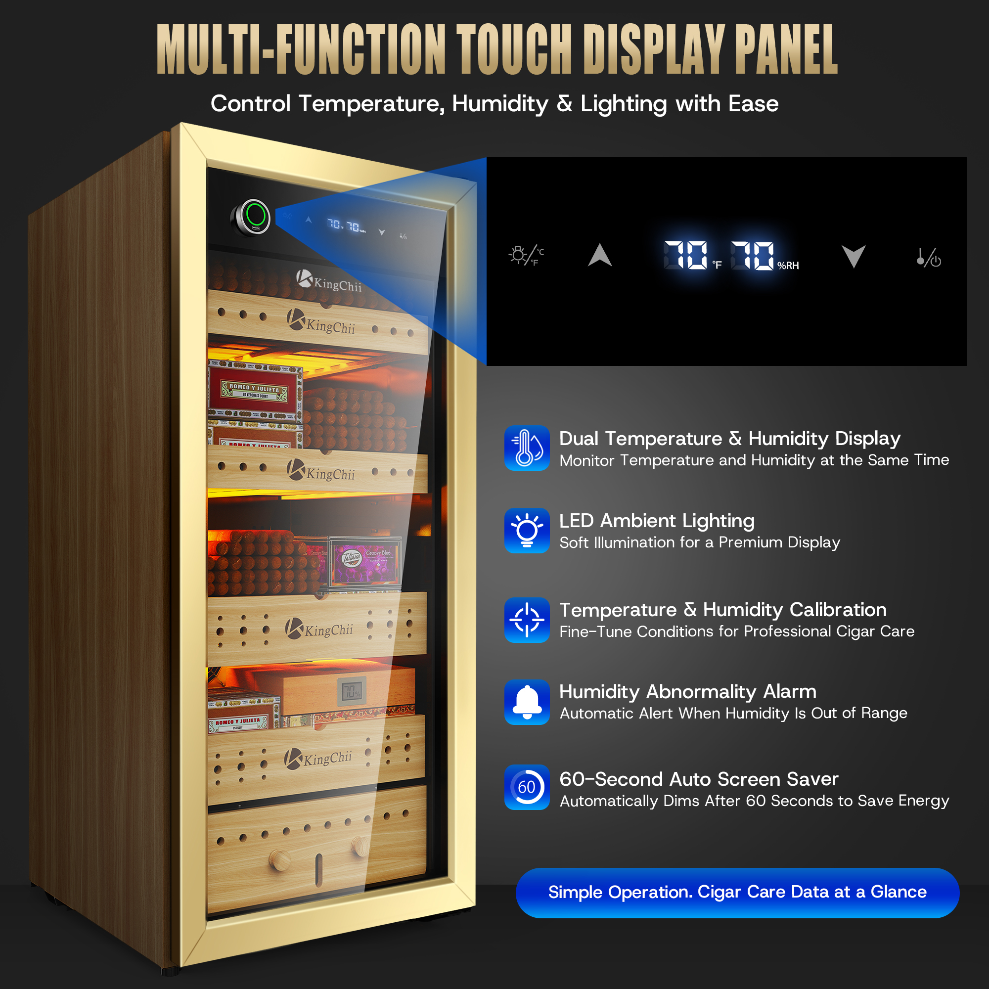 KingChii 160L Electric Cigar Humidor Cabinet with Auto Temperature & Humidity Control - Gold