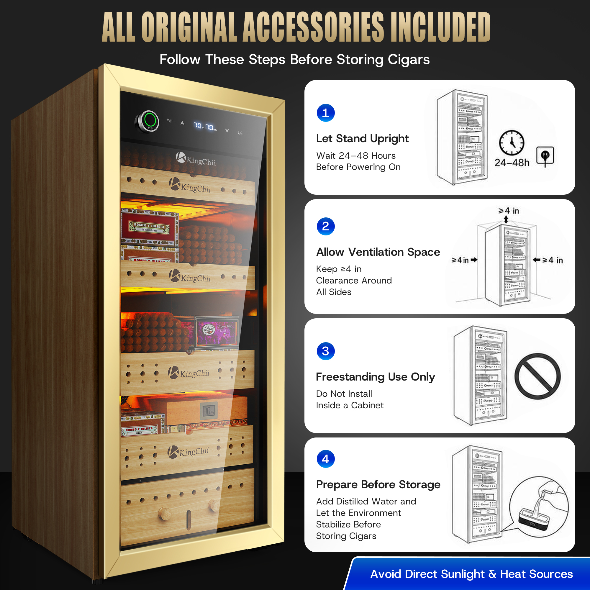 KingChii 105L freestanding cigar humidor cabinet placed in a living room.