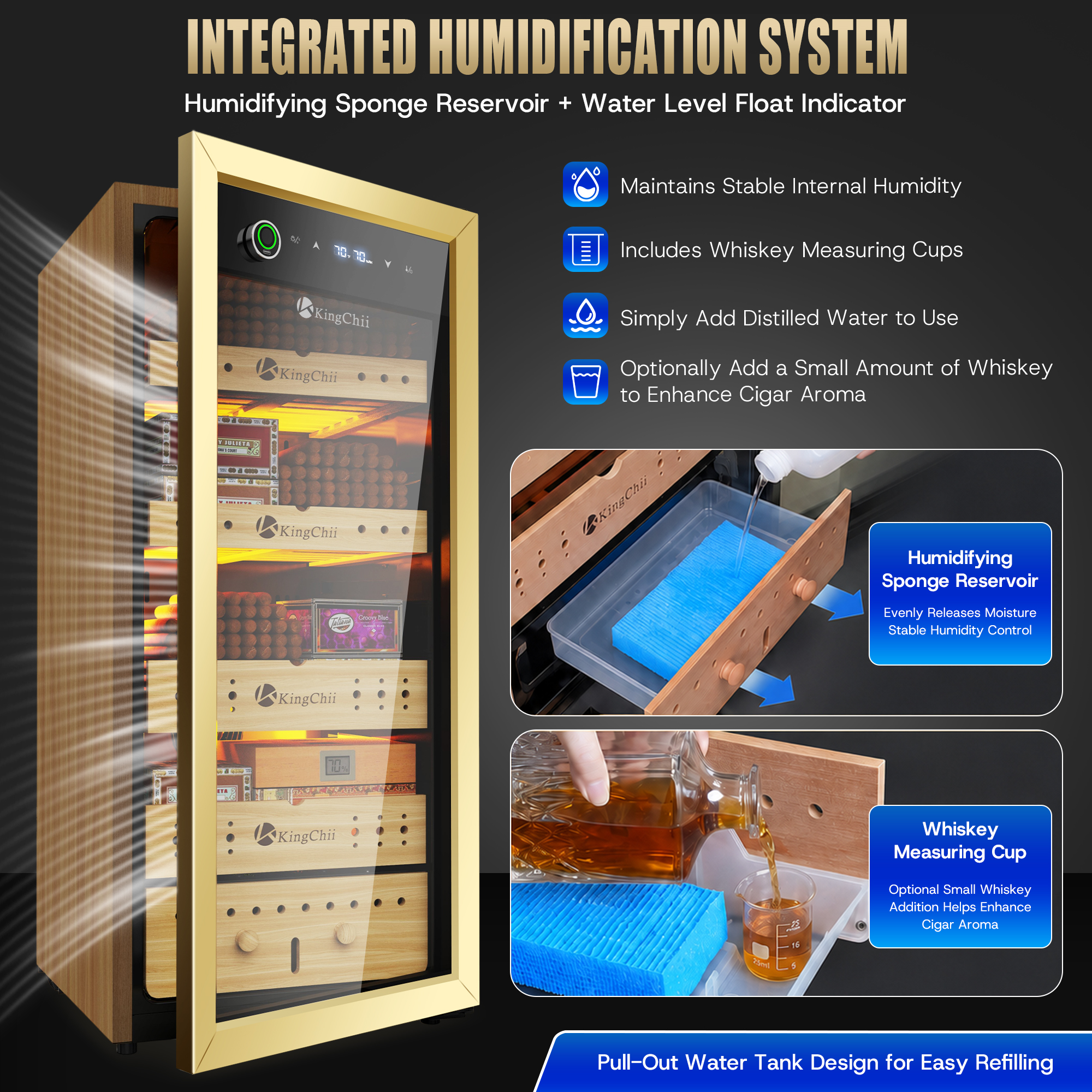 KingChii 160L Electric Cigar Humidor Cabinet with Auto Temperature & Humidity Control - Gold