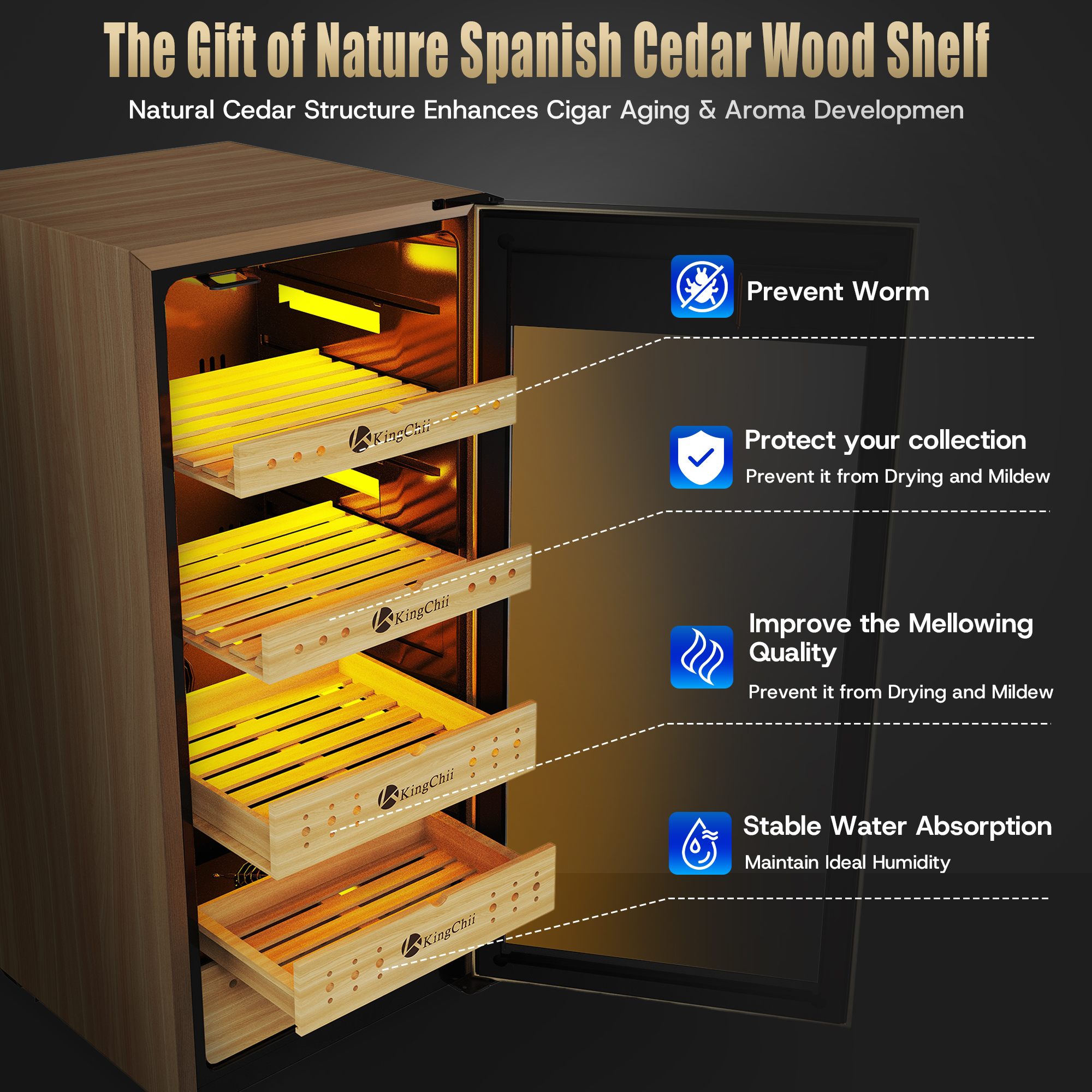 KingChii 160L Electric Cigar Humidor Cabinet with Auto Temperature & Humidity Control - Gold
