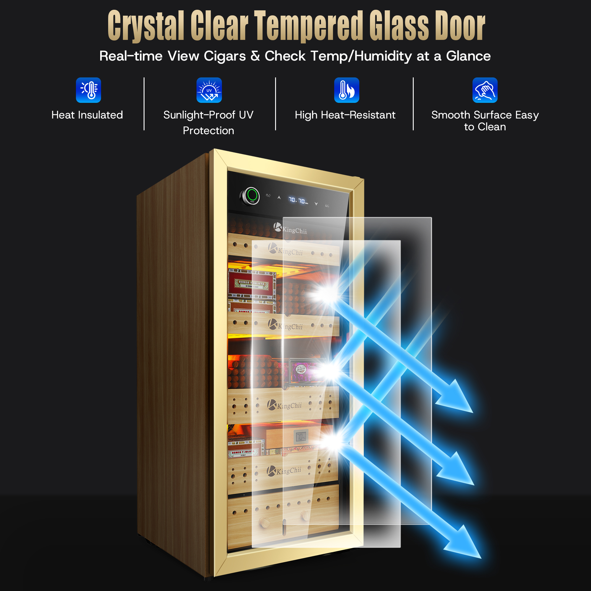 Digital touch screen for precise temp and humidity on 105L humidor cabinet.
