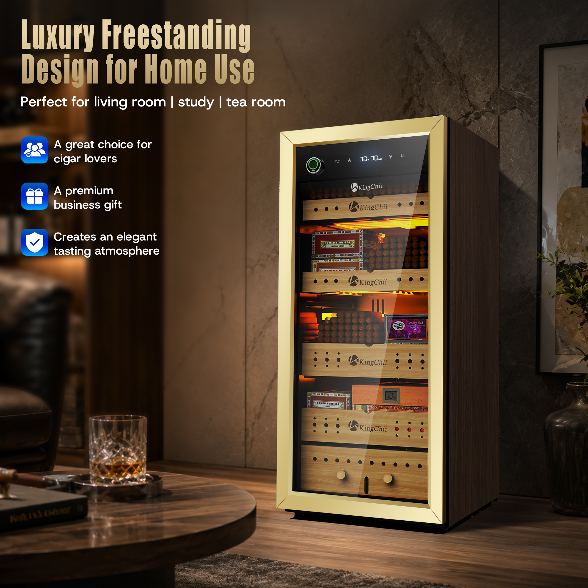KingChii 160L Electric Cigar Humidor Cabinet with Auto Temperature & Humidity Control - Gold