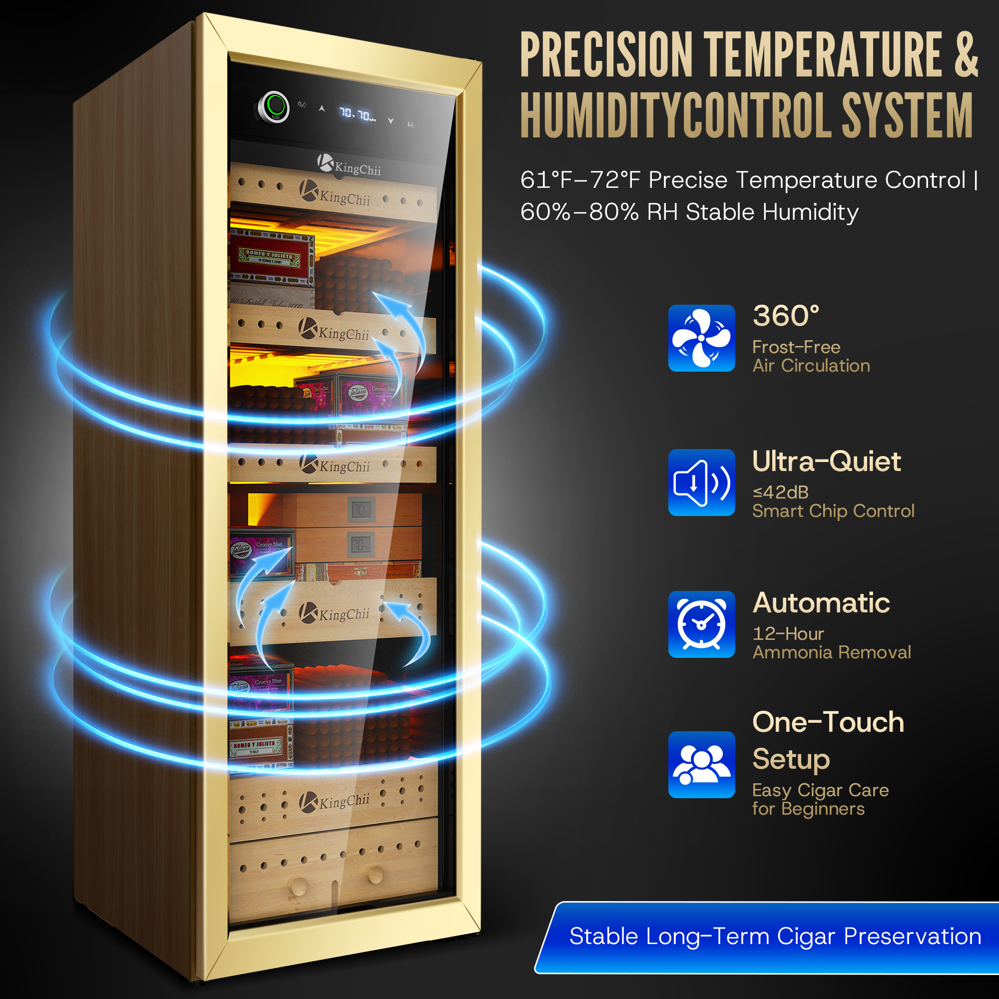 KingChii 160L Electric Cigar Humidor | Temp & Humidity Control 1300 Capacity-Gold