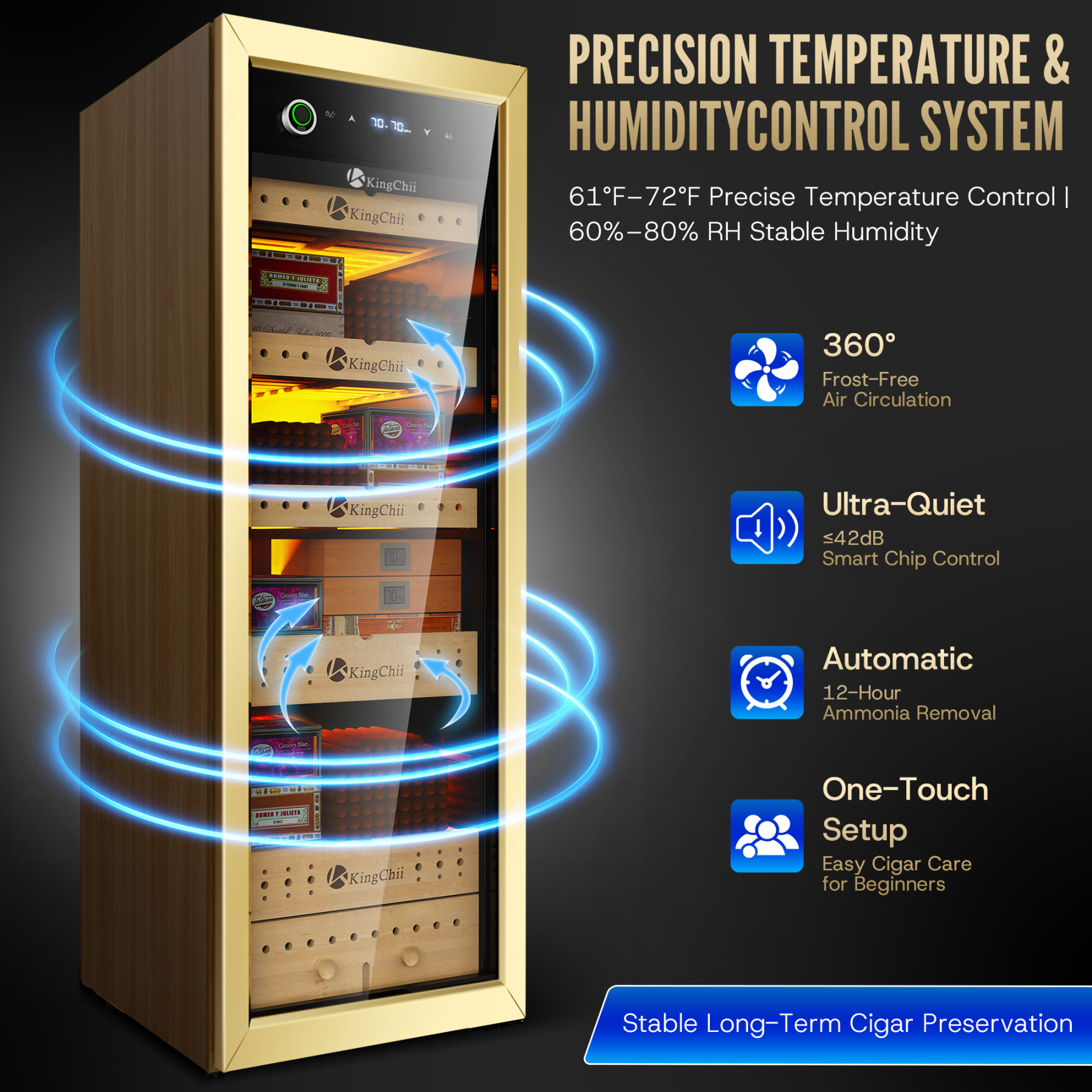 KingChii 160L Electric Cigar Humidor | Temp & Humidity Control 1300 Capacity-Gold