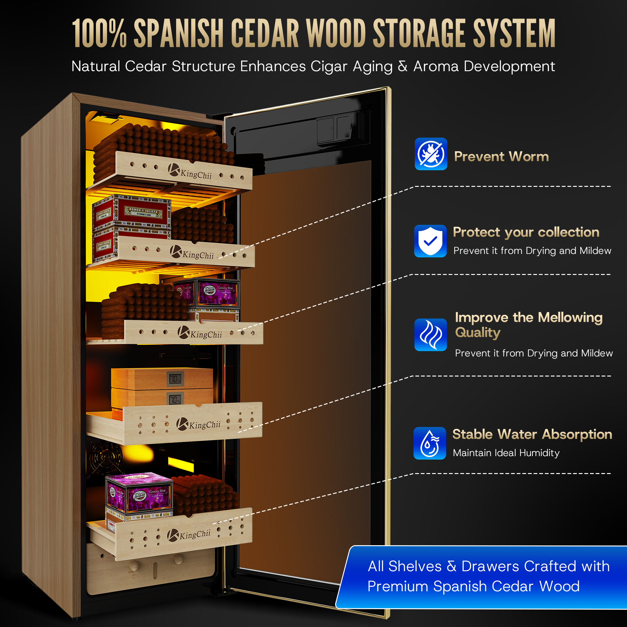 KingChii 160L Electric Cigar Humidor | Temp & Humidity Control 1300 Capacity-Gold