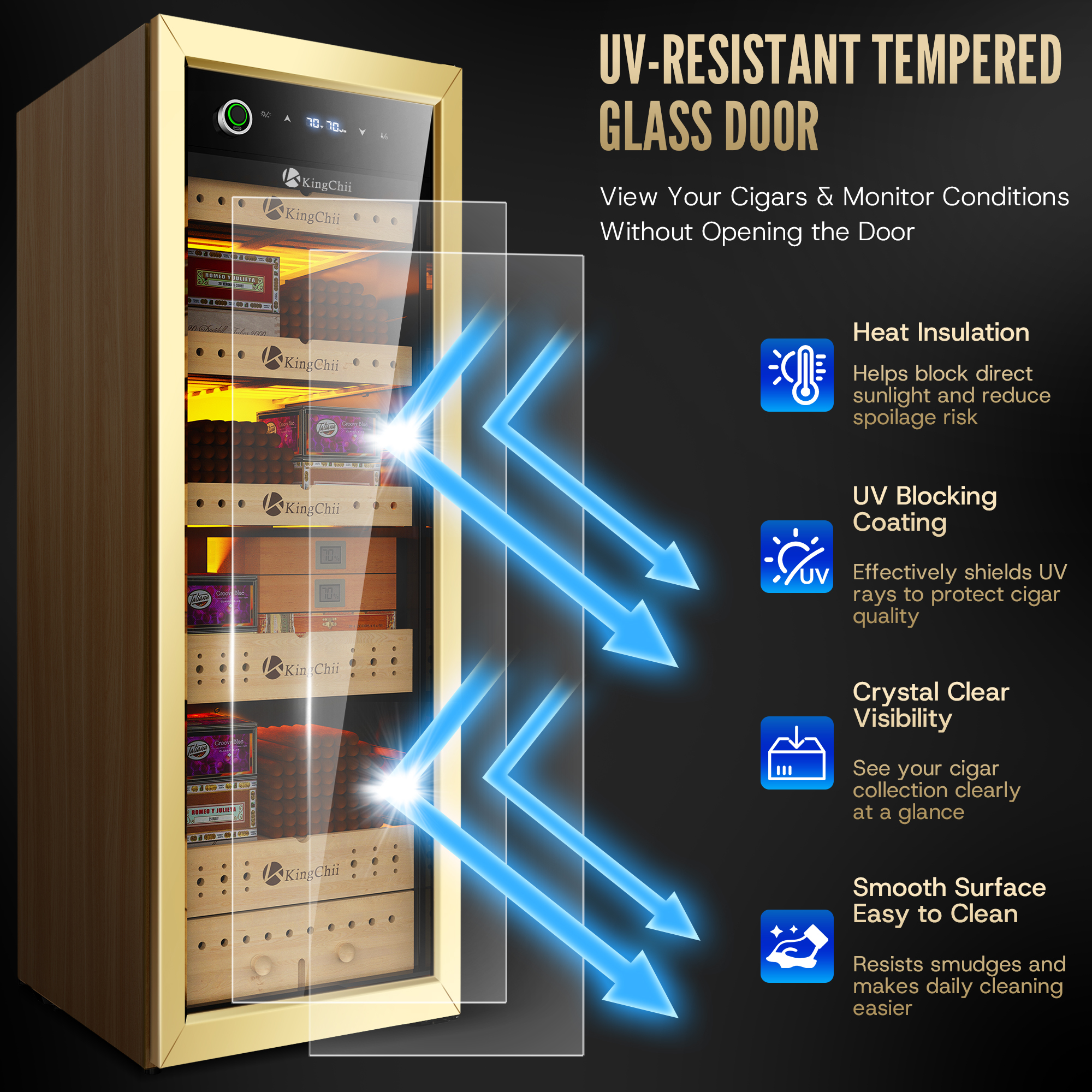 KingChii 160L Electric Cigar Humidor | Temp & Humidity Control 1300 Capacity-Gold