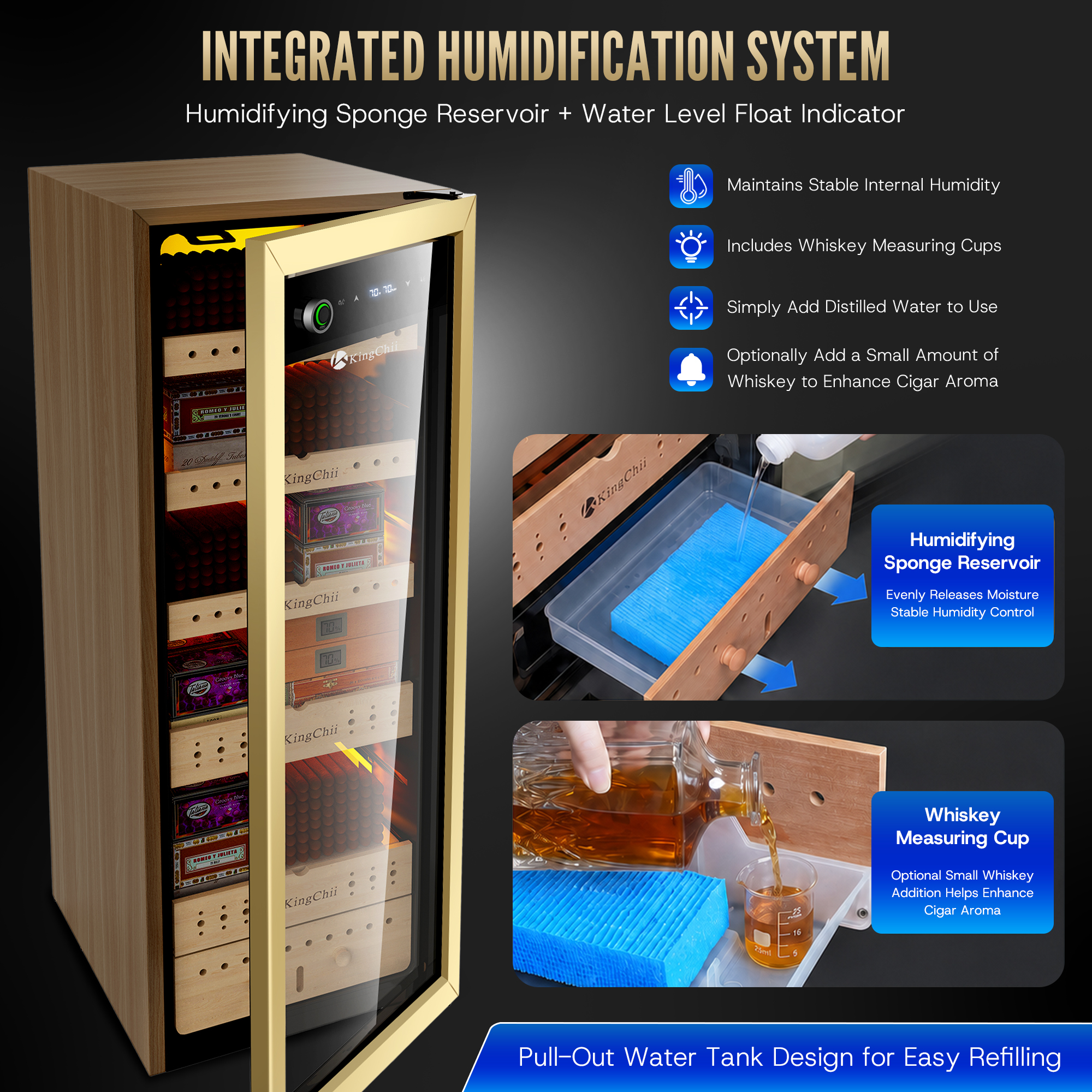 KingChii 160L Electric Cigar Humidor | Temp & Humidity Control 1300 Capacity-Gold