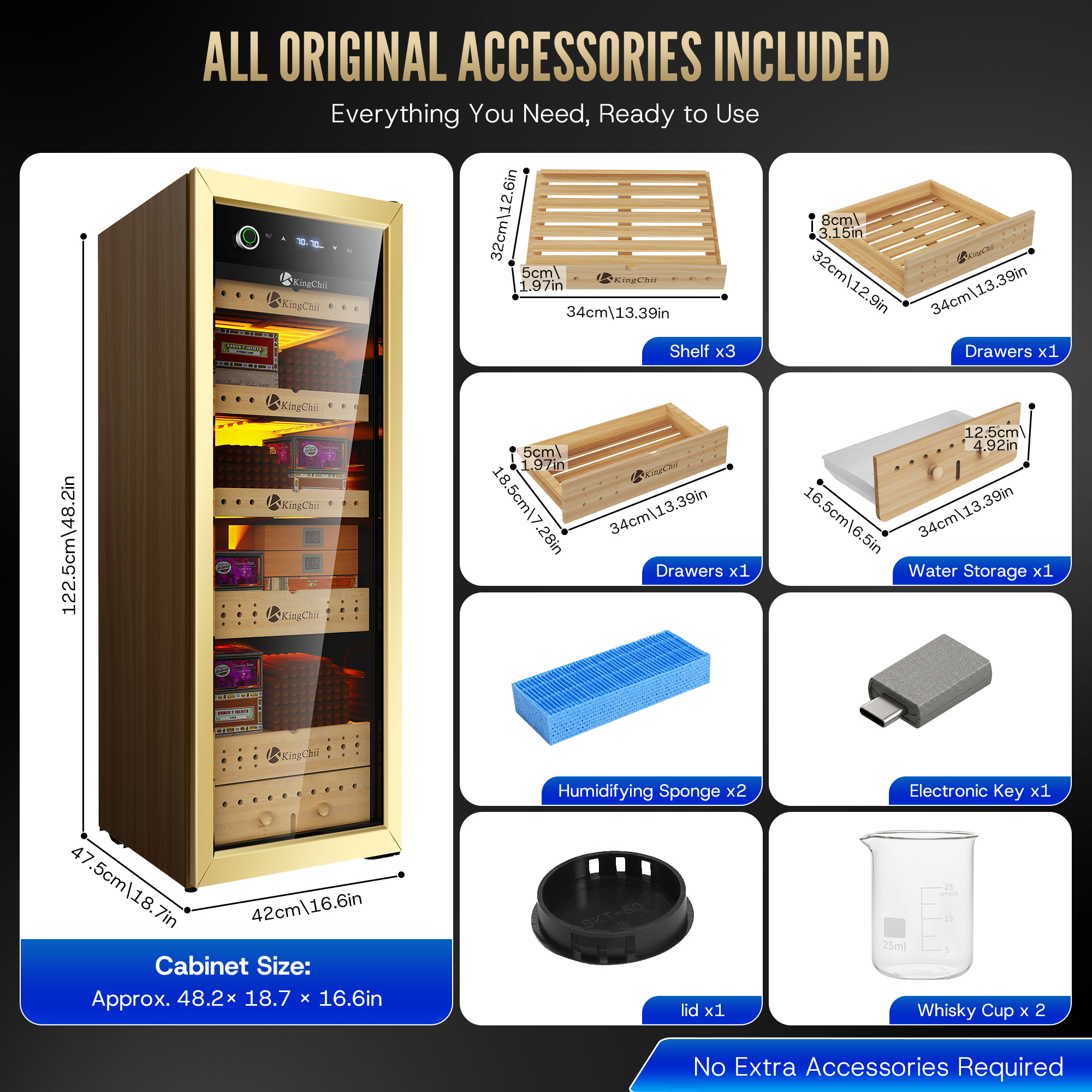 Open KingChii 160L cigar humidor cabinet displaying Spanish cedar wood shelves and sliding drawers.
