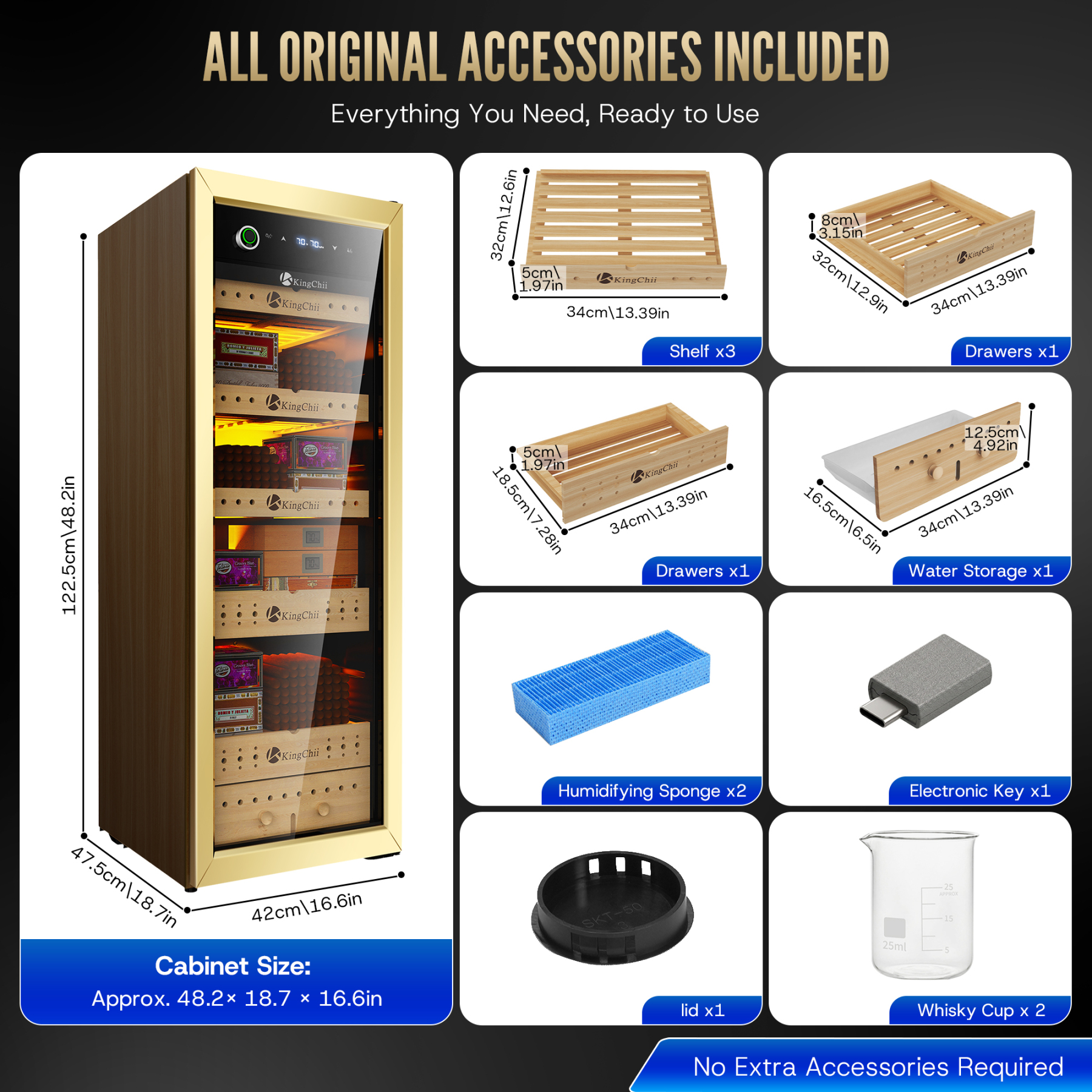 Open KingChii 160L cigar humidor cabinet displaying Spanish cedar wood shelves and sliding drawers.
