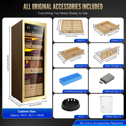 Open KingChii 160L cigar humidor cabinet displaying Spanish cedar wood shelves and sliding drawers.
