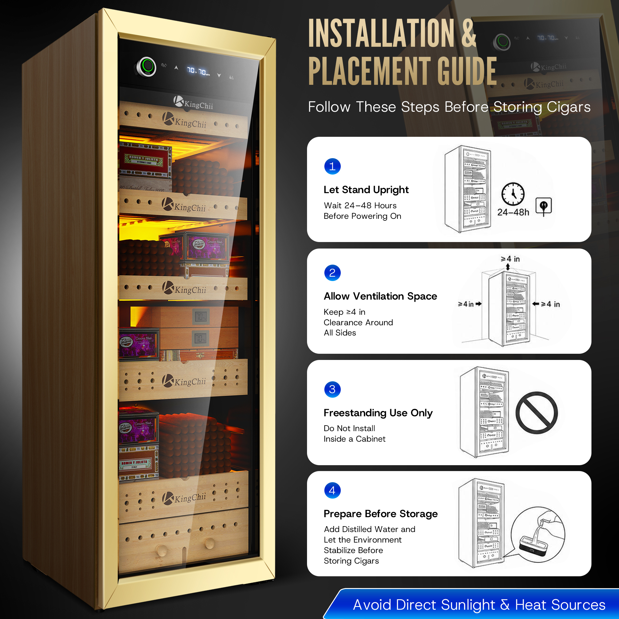 KingChii 160L Electric Cigar Humidor | Temp & Humidity Control 1300 Capacity-Gold