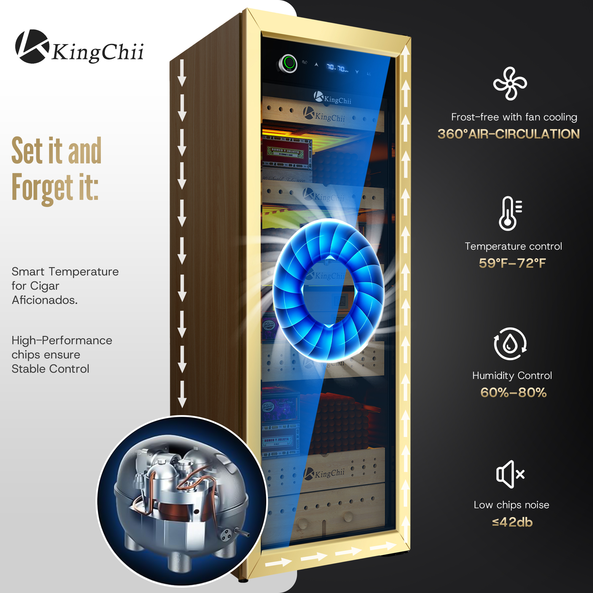 Digital touch screen control panel for precise temperature and humidity settings on cigar humidor.