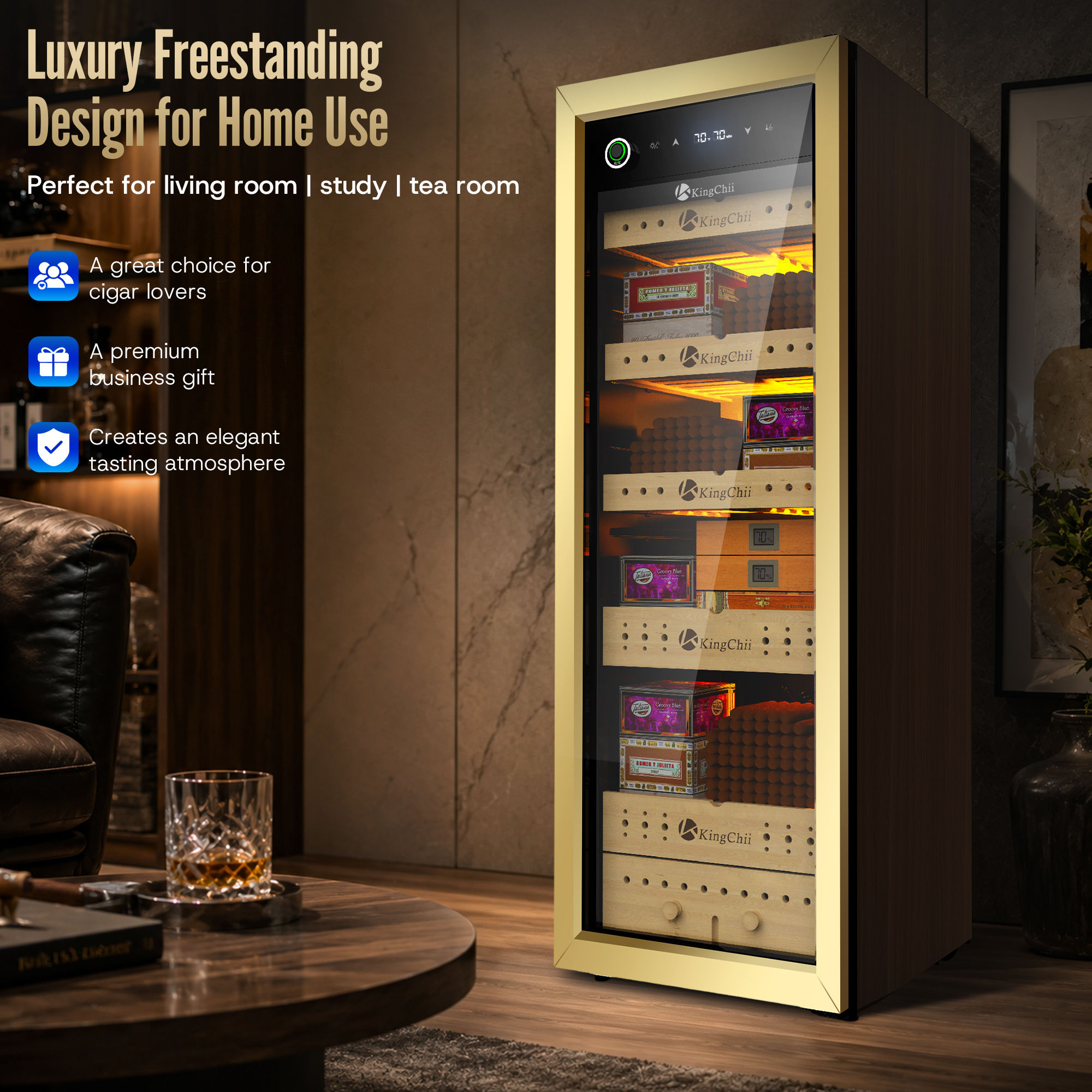 KingChii 160L Electric Cigar Humidor | Temp & Humidity Control 1300 Capacity-Gold