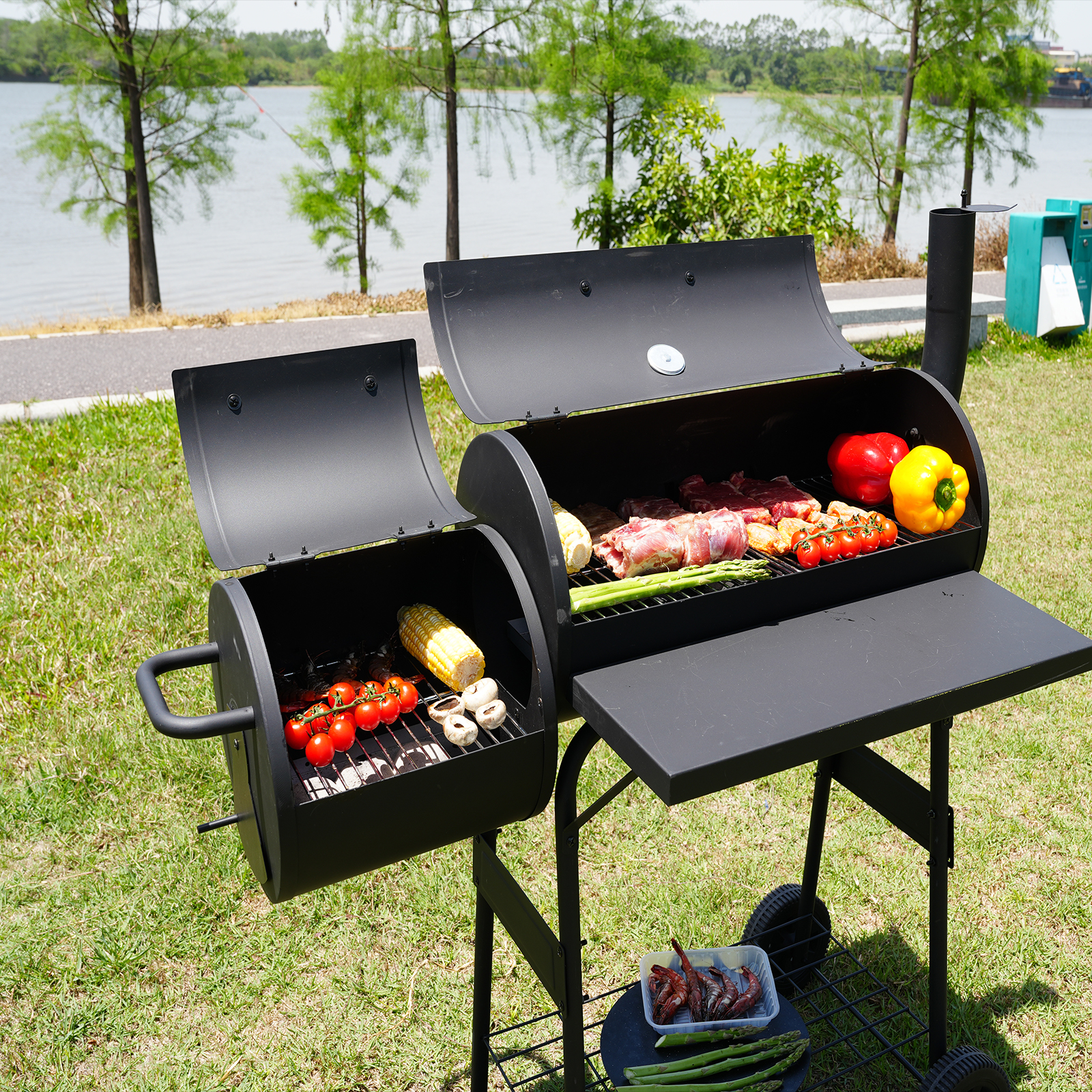 KingChii BBQ Charcoal Smoker and Grills, Offset Smoker for Outdoor, Garden, Patio and Backyard, Black