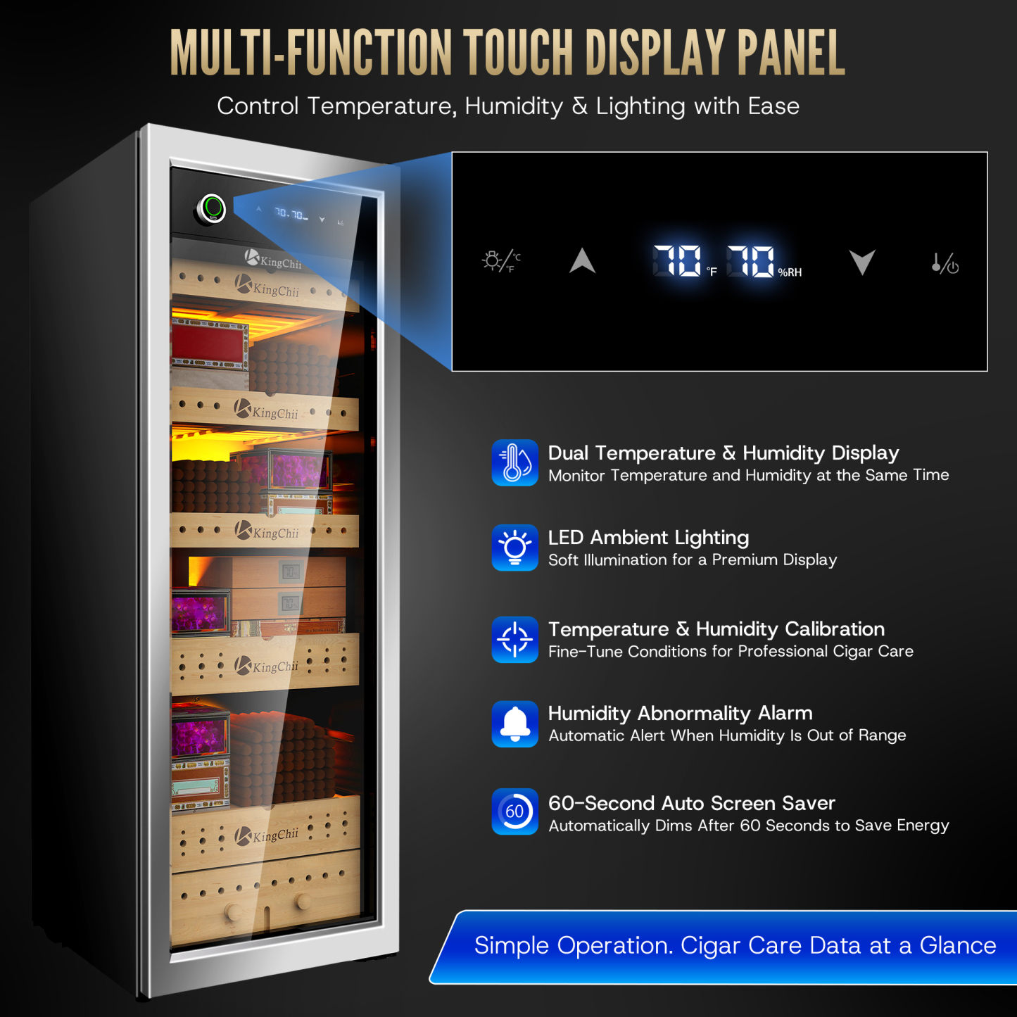 KingChii 160L Electric Cigar Humidor | Temp & Humidity Control 1300 Capacity-Gold