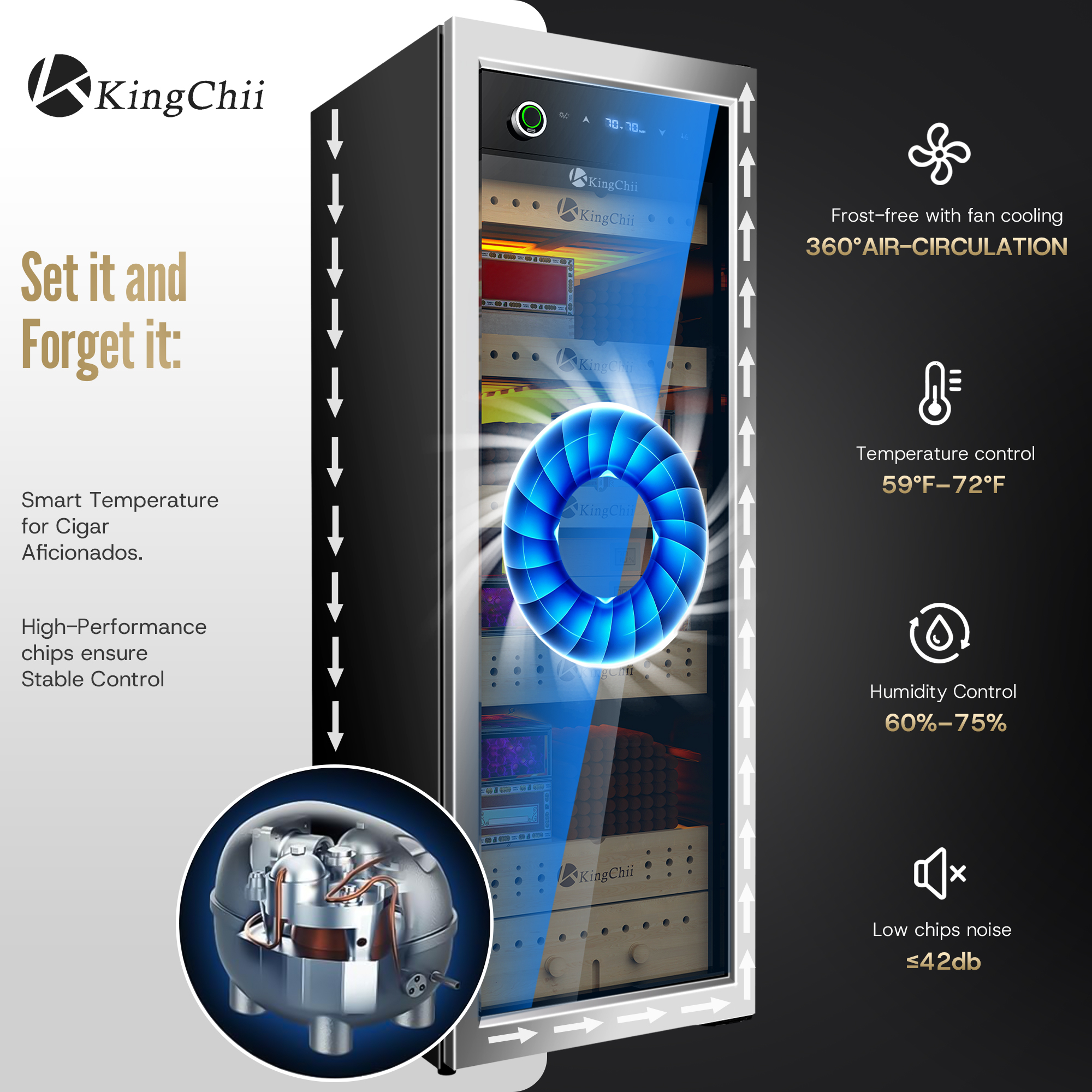 KingChii 160L Electric Cigar Humidor | Temp & Humidity Control 1300 Capacity-Gold