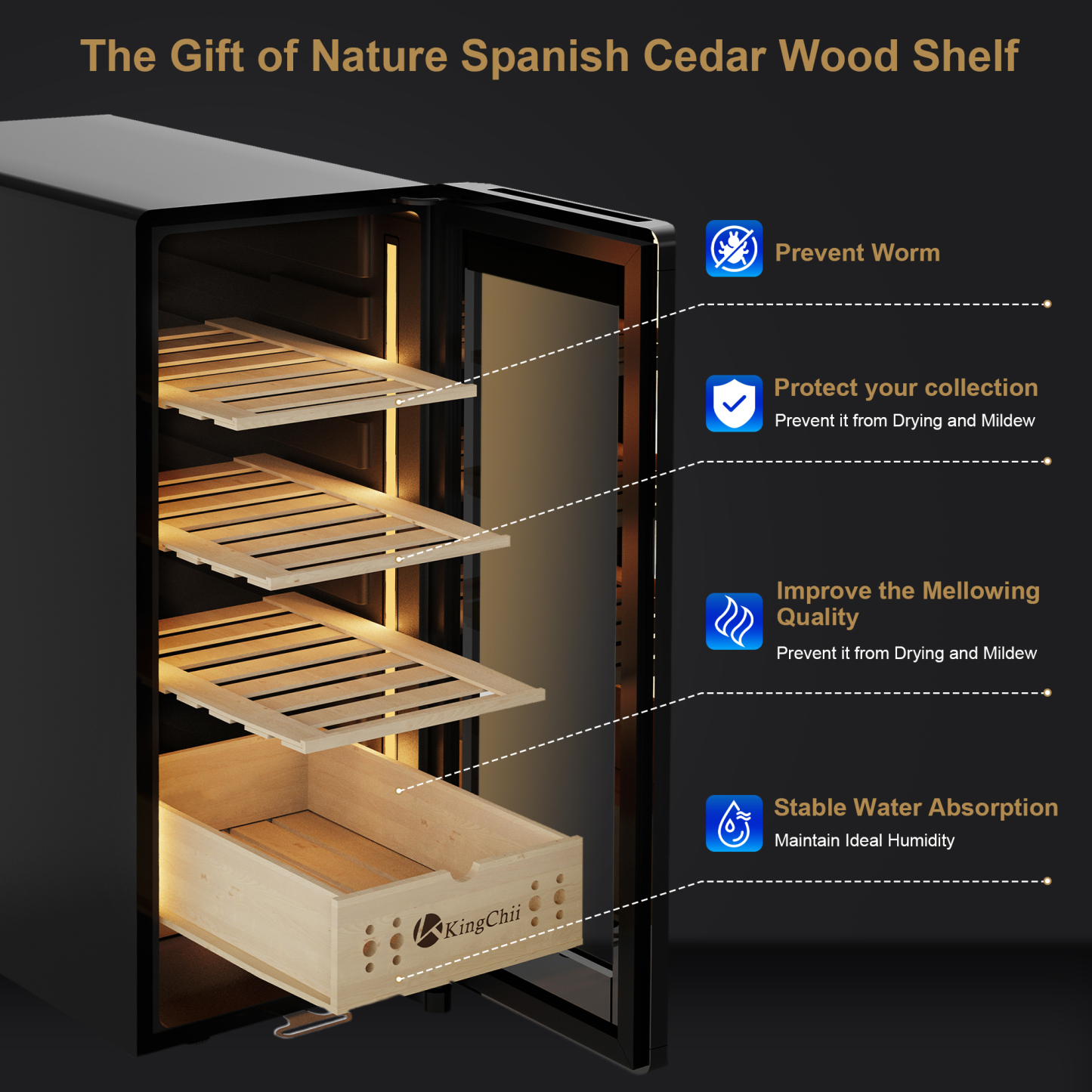 KingChii Electric Cigar Humidors, Electronic Temperature Control Cabinet with Spanish Cedar Wood Shelves & Drawer Hygrometer (35L, Temp&Humidity Control)