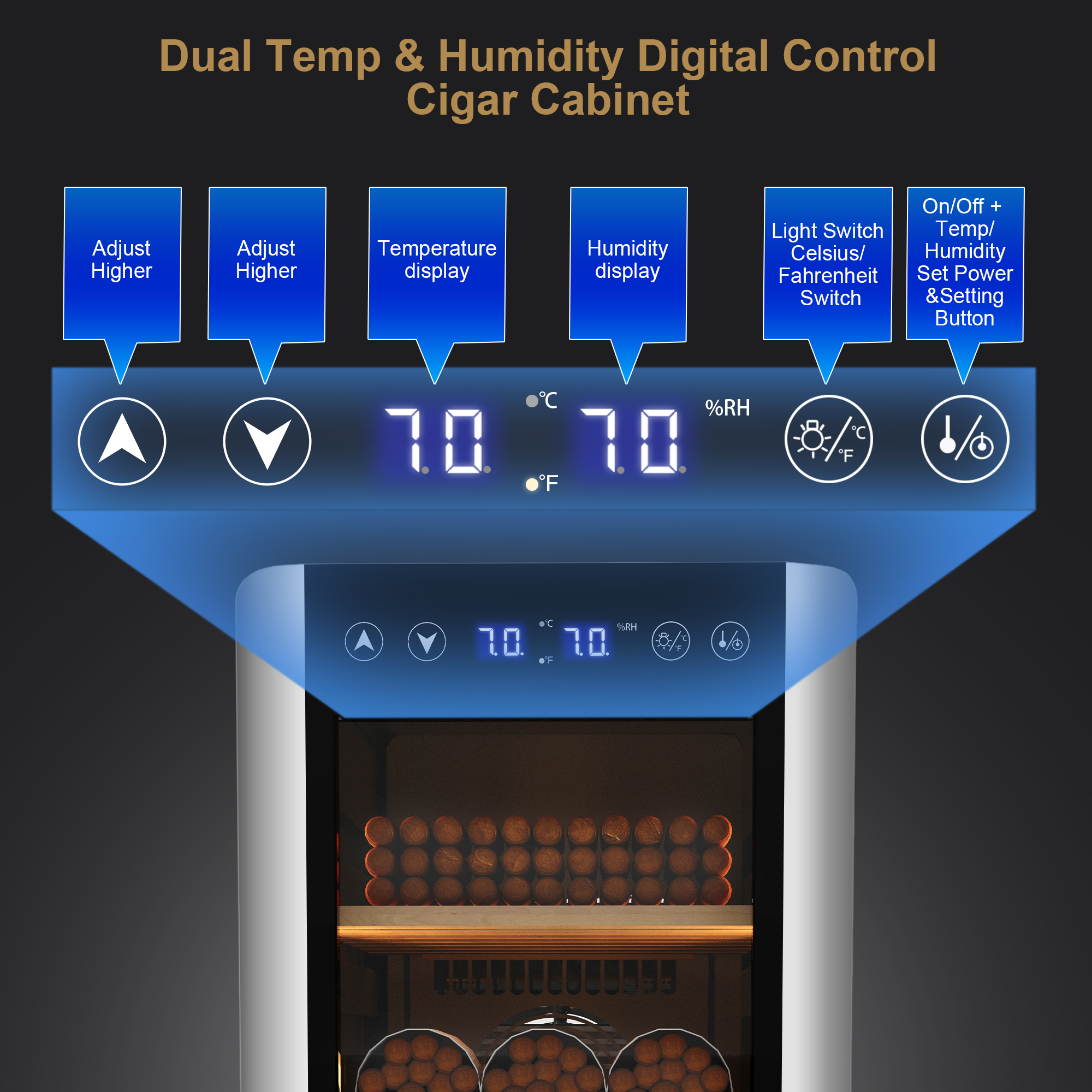 KingChii Electric Cigar Humidors, Electronic Temperature Control Cabinet with Spanish Cedar Wood Shelves & Drawer Hygrometer (35L, Temp&Humidity Control)