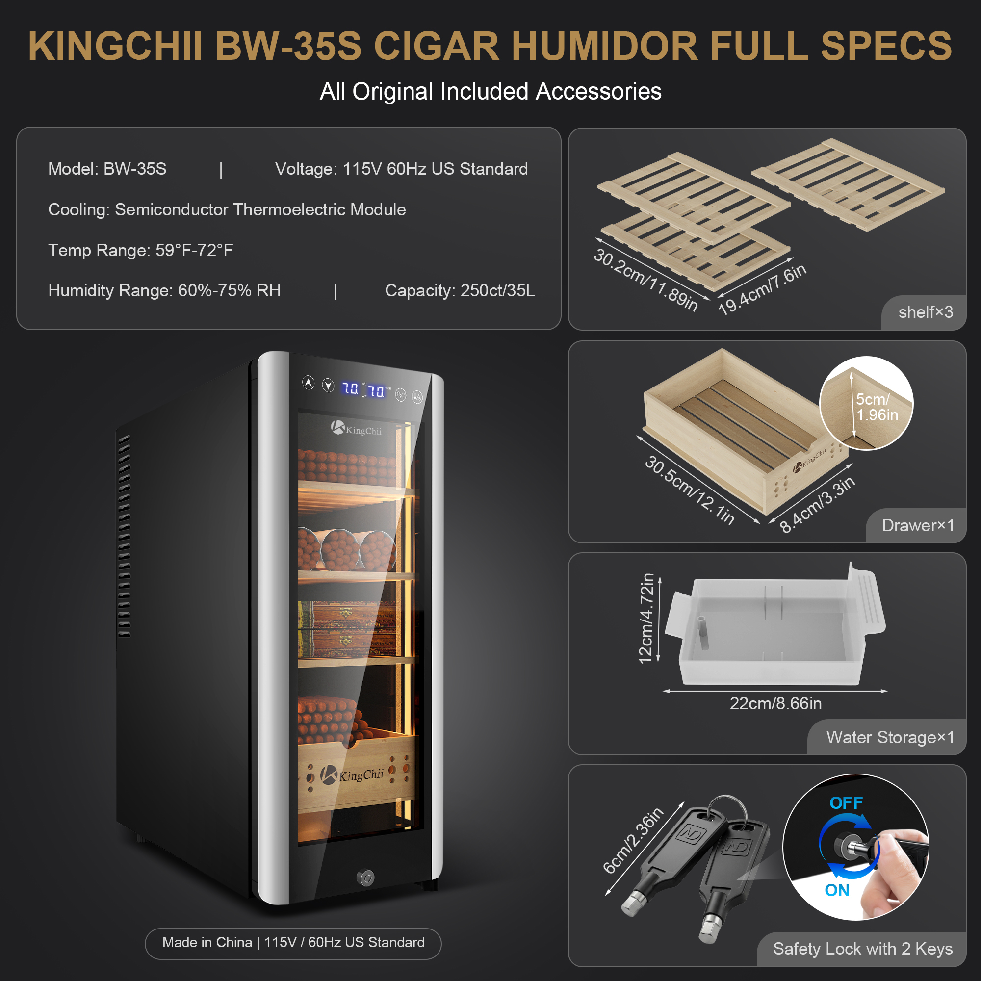 KingChii Electric Cigar Humidors, Electronic Temperature Control Cabinet with Spanish Cedar Wood Shelves & Drawer Hygrometer (35L, Temp&Humidity Control)