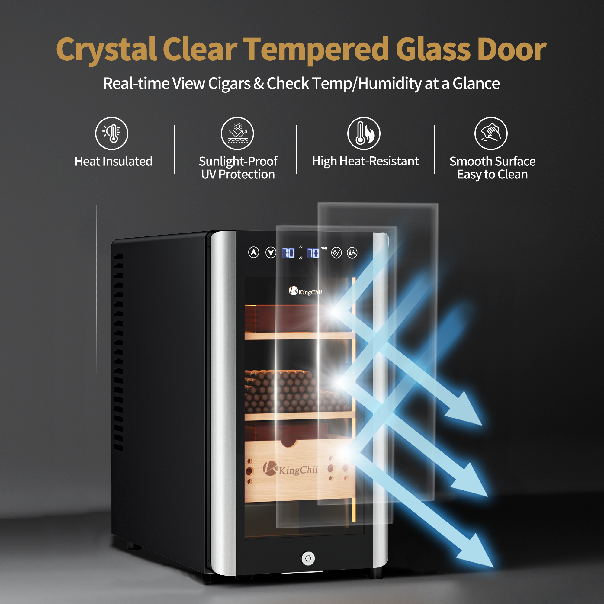 Thermoelectric Cigar Humidor with Crystal Clear Tempered Glass Door for Cigar Collection Display
