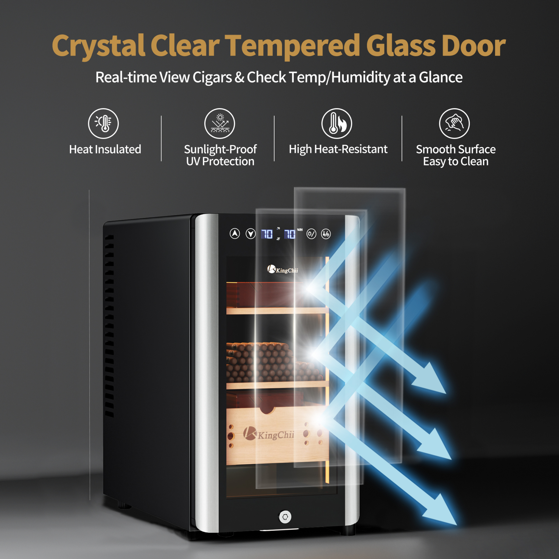 Thermoelectric Cigar Humidor with Crystal Clear Tempered Glass Door for Cigar Collection Display