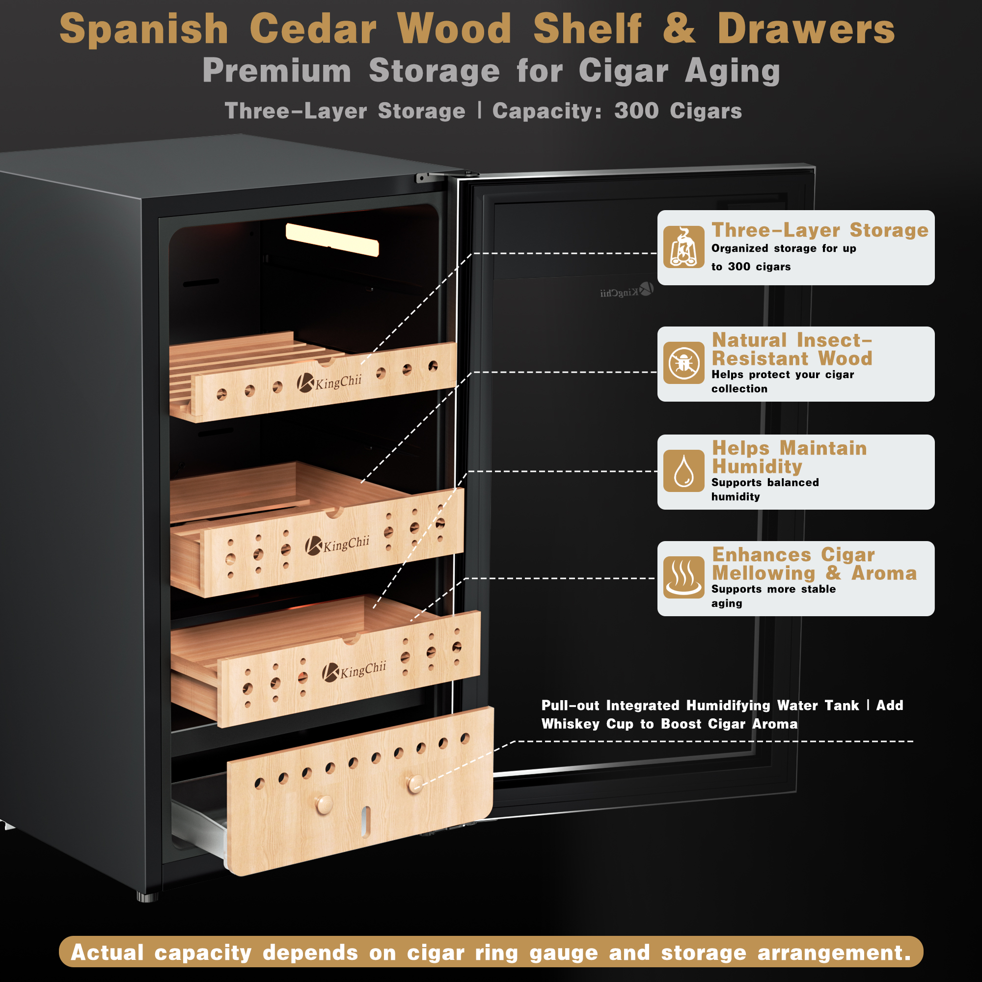 KingChii Upgrade 80L Electric Compression Cigar Humidor, Temperature & Humidity Control Cabinet, Built-in Humidification System with Spanish Cedar Wood Shelves & Drawer Hygrometer - 600 Capacity