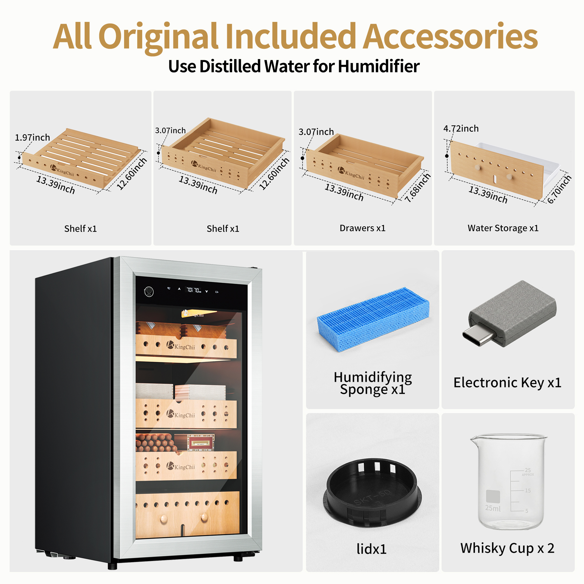 KingChii Upgrade 80L Electric Compression Cigar Humidor, Temperature & Humidity Control Cabinet, Built-in Humidification System with Spanish Cedar Wood Shelves & Drawer Hygrometer - 600 Capacity