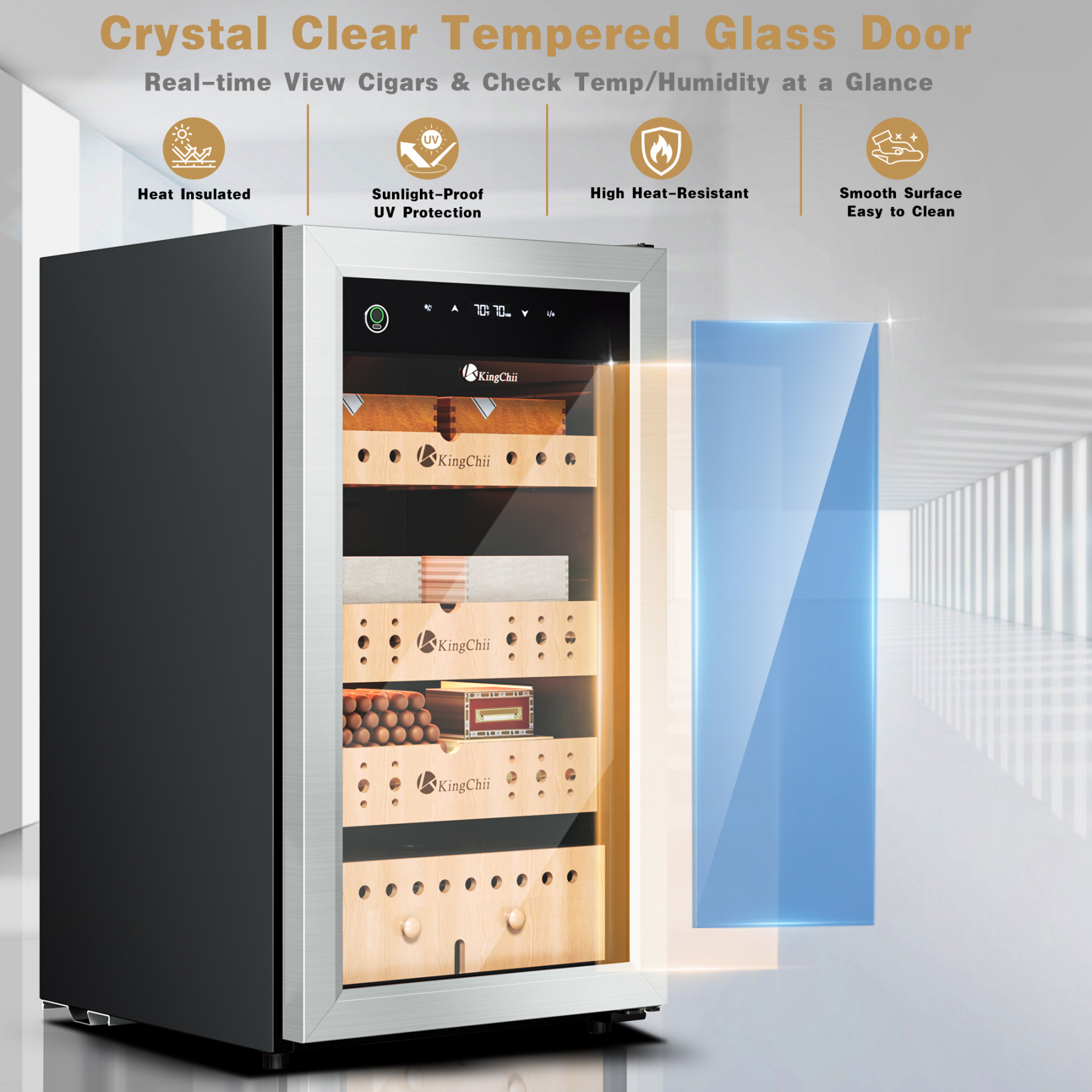 KingChii Upgrade 80L Electric Compression Cigar Humidor, Temperature & Humidity Control Cabinet, Built-in Humidification System with Spanish Cedar Wood Shelves & Drawer Hygrometer - 600 Capacity