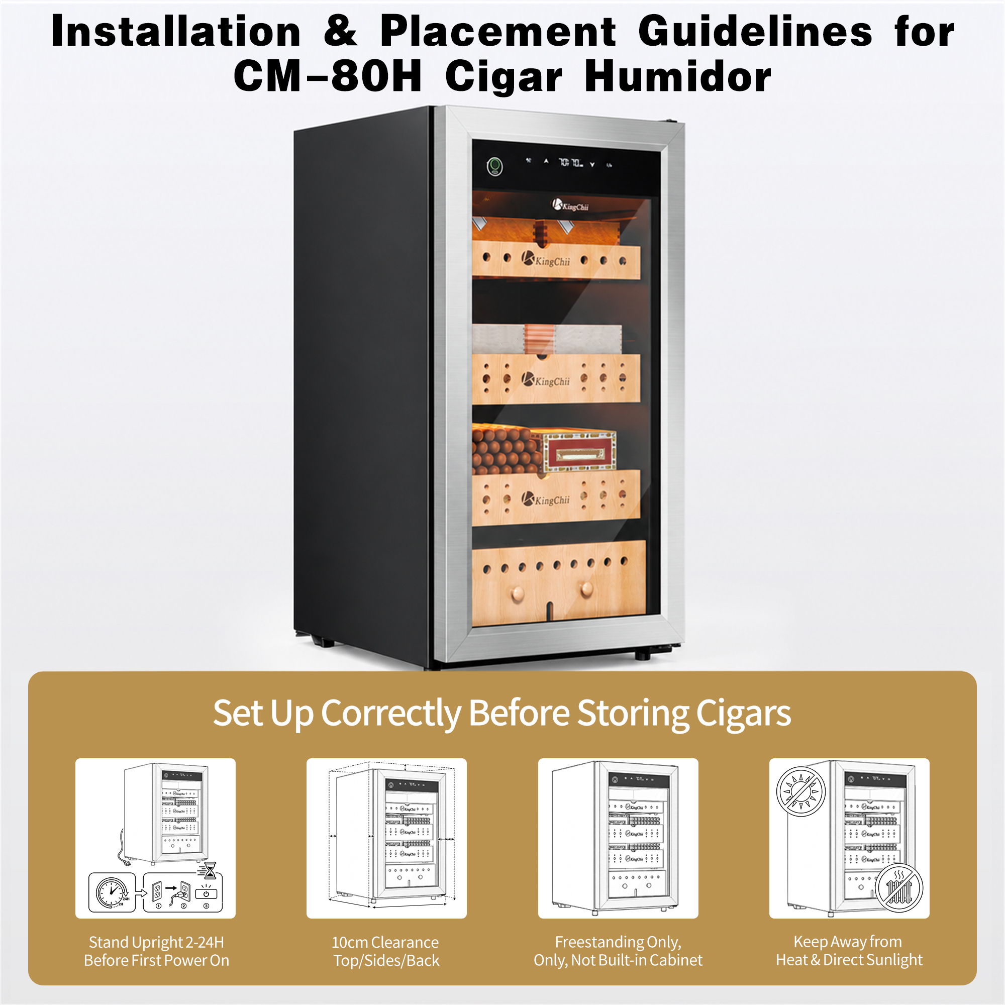 KingChii Upgrade 80L Electric Compression Cigar Humidor, Temperature & Humidity Control Cabinet, Built-in Humidification System with Spanish Cedar Wood Shelves & Drawer Hygrometer - 600 Capacity