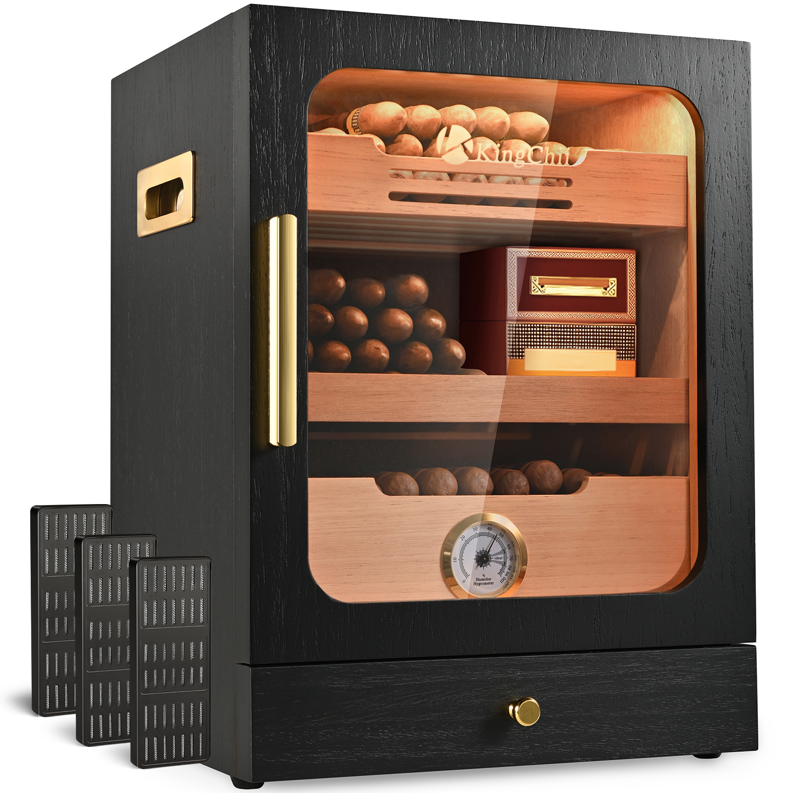 KingChii Cigar Humidor, Light Control System with Spanish Cedar Wood Drawer, Hygrometer, 3 Humidifiers and Cigar Accessories Drawer, for Men, Holds 100 Cigars (Black)