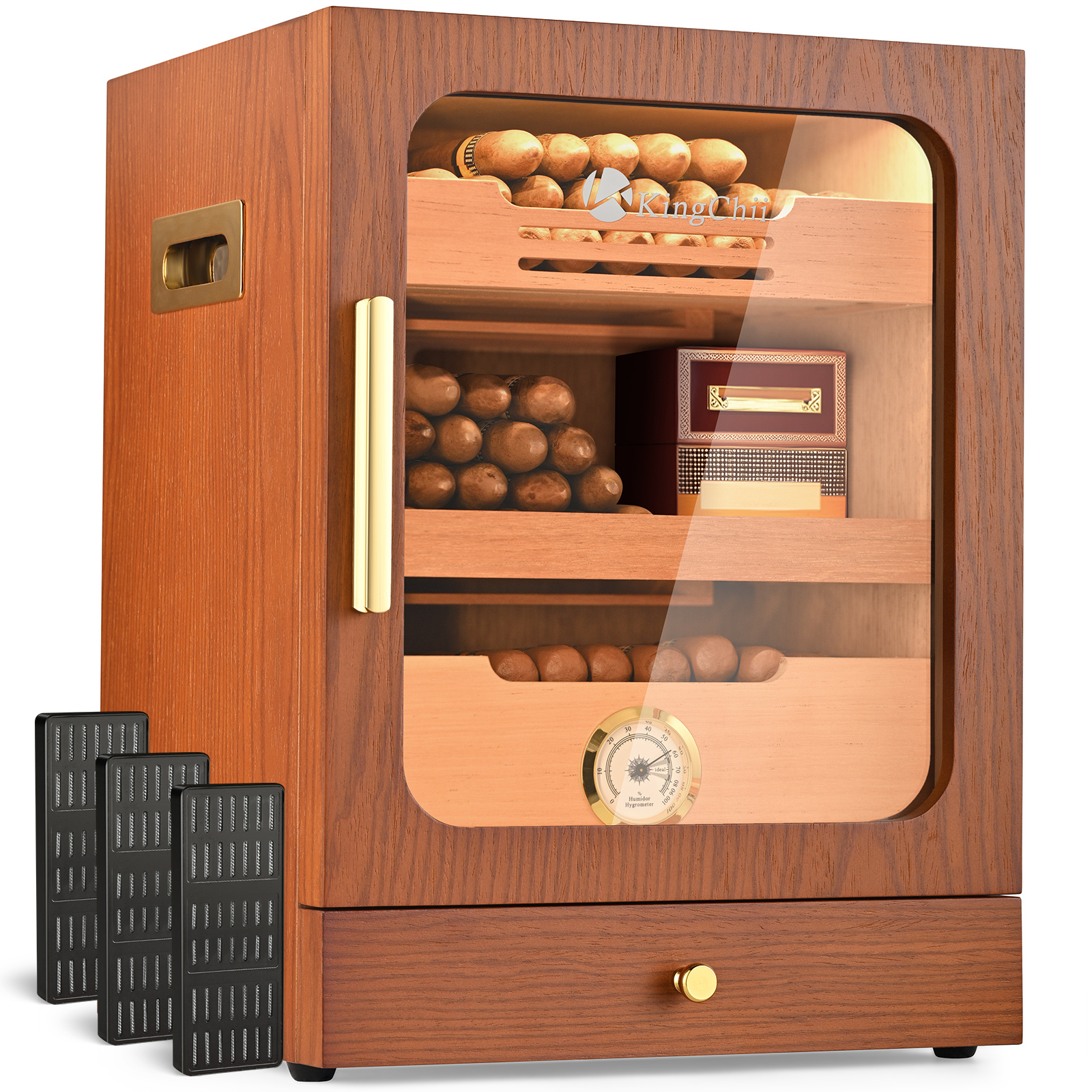 KingChii Cigar Humidor, Light Control System with Spanish Cedar Wood Drawer, Hygrometer, 3 Humidifiers and Cigar Accessories Drawer, Father's Day Gift for Men, Holds 100 Cigars (Brown)