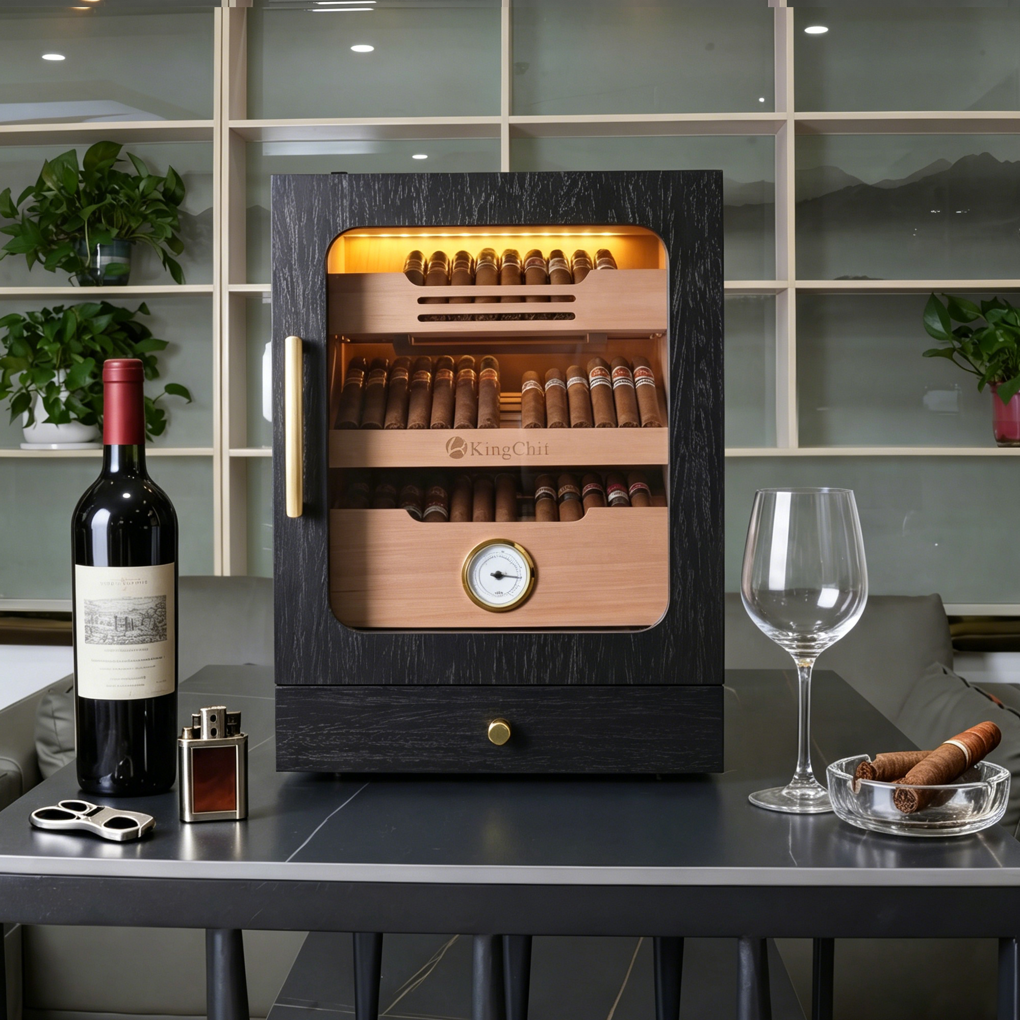 KingChii 20L 100-Cigar Light-Control Humidor, Black