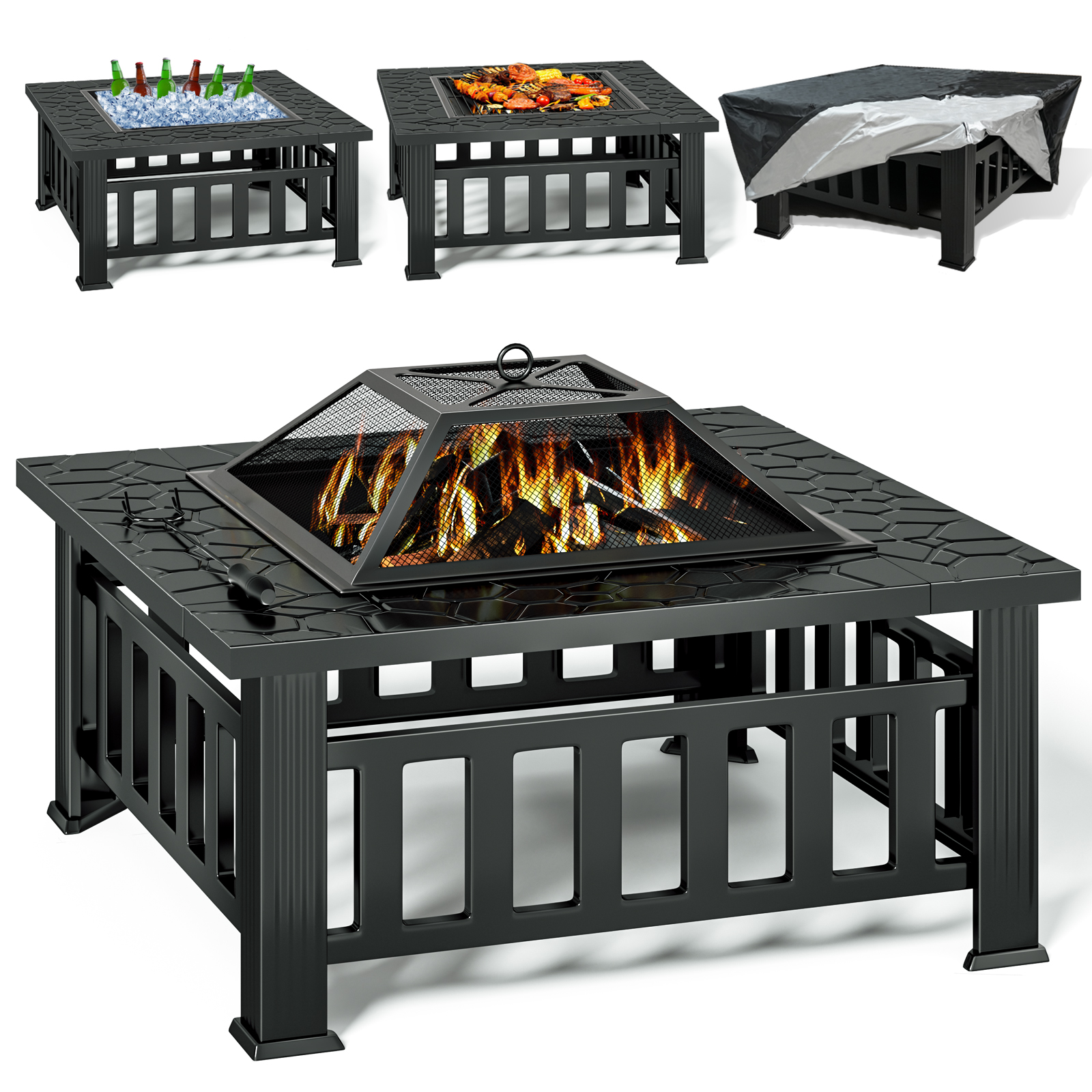 KingChii 32" Fire Pit Table Wood Burning Square Metal Firepit for Outdoor, Patio Backyard BBQ with Mesh Lid, Poker and Cover, Black