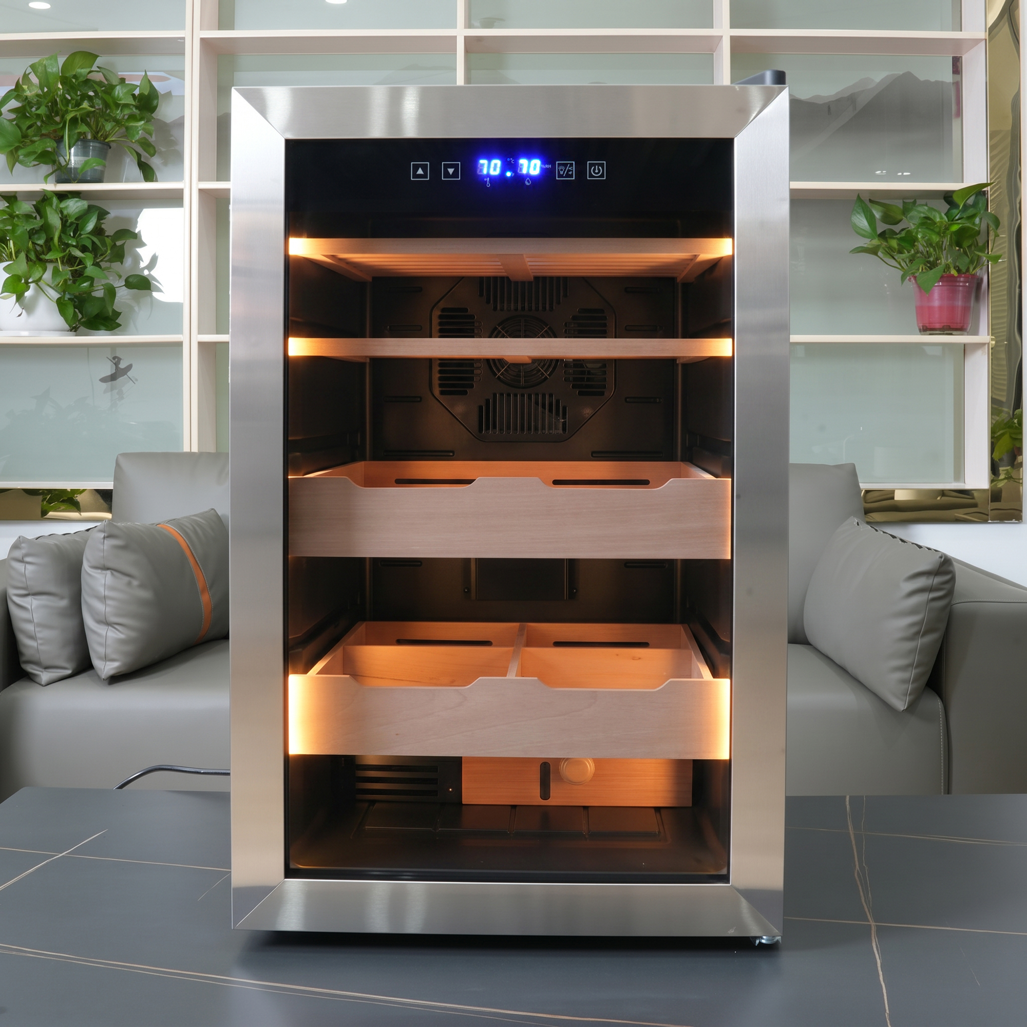 KingChii Upgrade 70L Electric Temperature & Humidity Control Cigar Humidor, Built-in Humidification System with Spanish Cedar Wood Shelves & Drawer Hygrometer Father's Day Gifts For Men(600 Capacity)