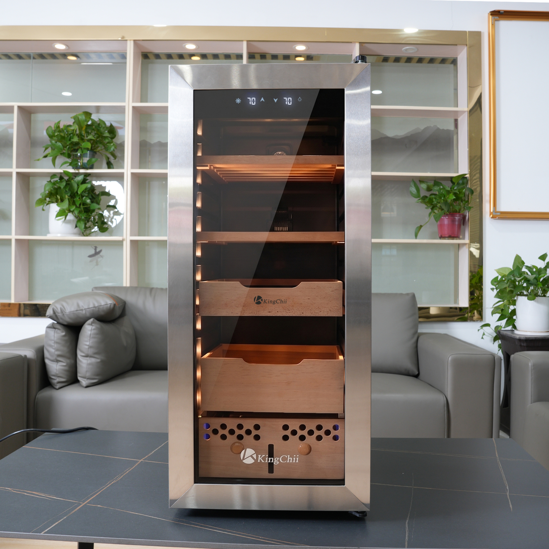 KingChii Upgrade 60L Electric Temperature & Humidity Control Cigar Humidor, Built-in Humidification System with Spanish Cedar Wood Shelves & Drawer Hygrometer(550Capacity)