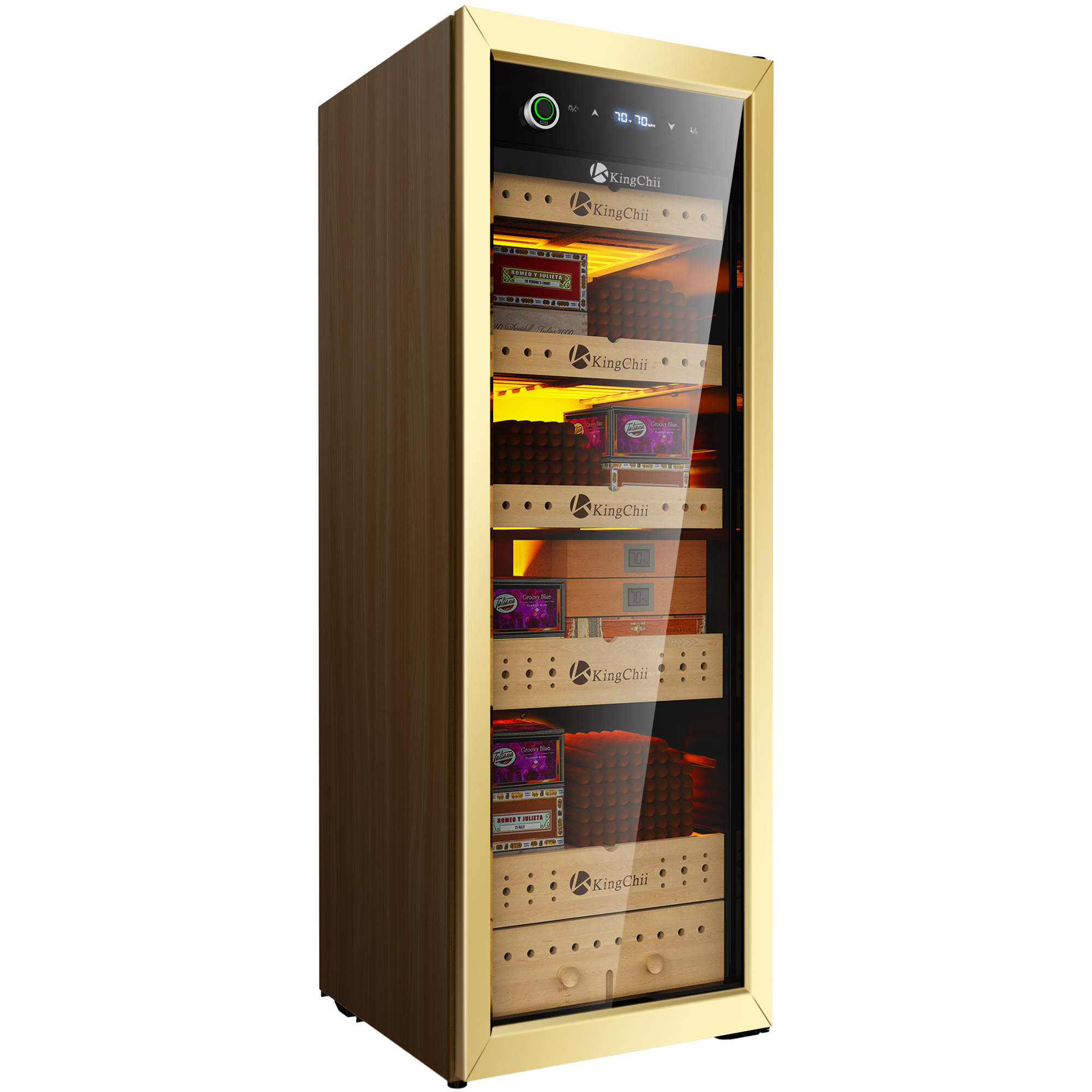 Front view of KingChii 160L electric cigar humidor with gold trim and tempered glass door.